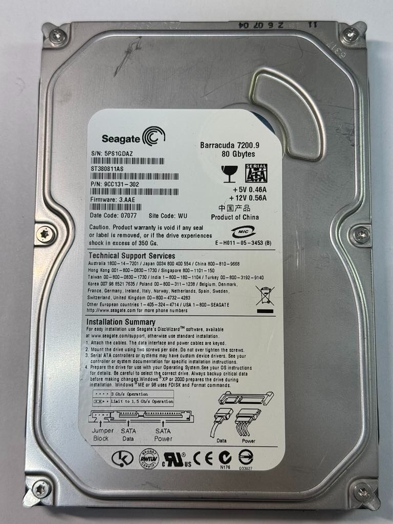 Seagate 9CC131-302 ST380811AS 80GB 7.2K RPM FW 3.AAE DC 07077 3Gbps SATA 3.5"