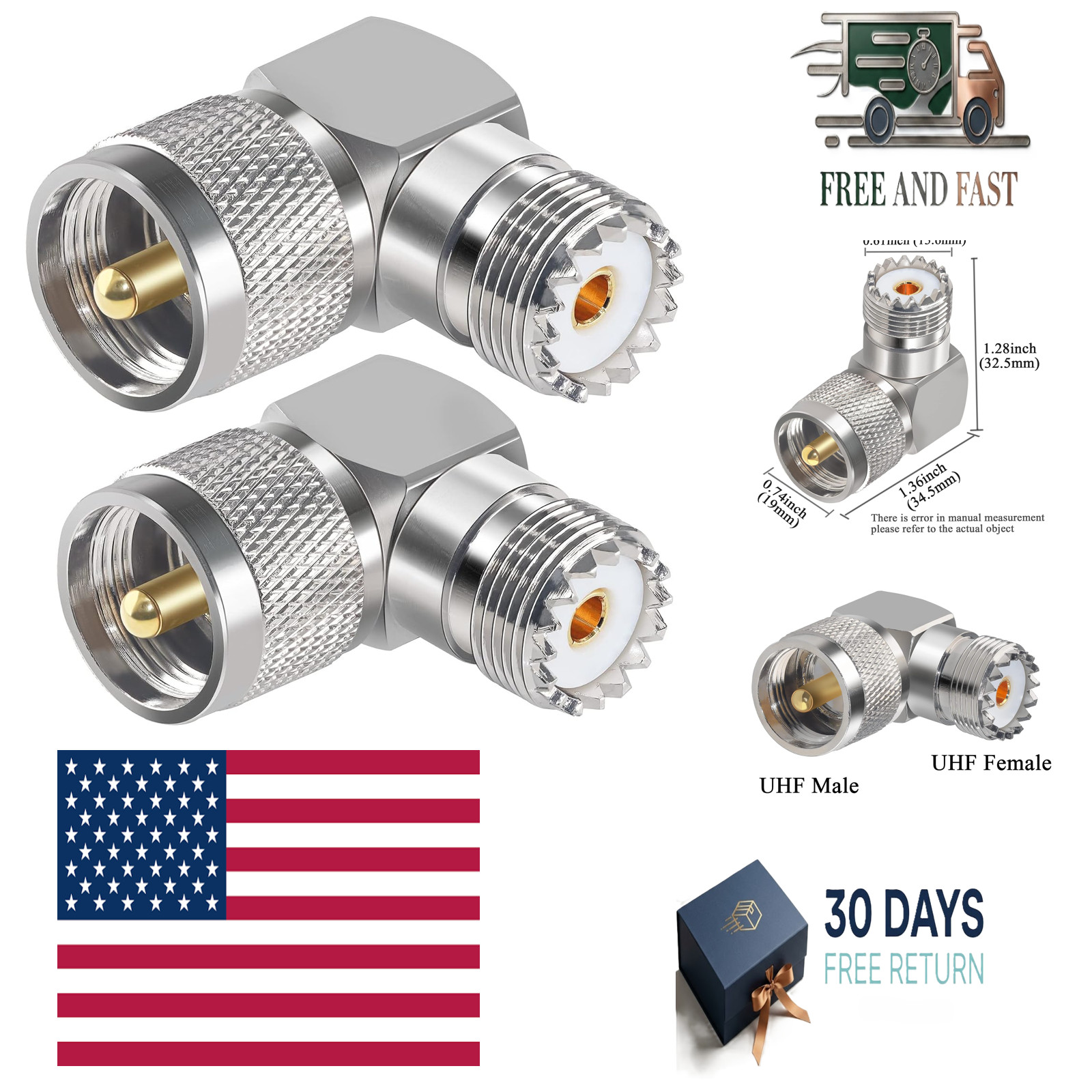 2PCS UHF PL259 Right Angle 90 Degree Coax Adapter, SO239 Male PL259 to Female