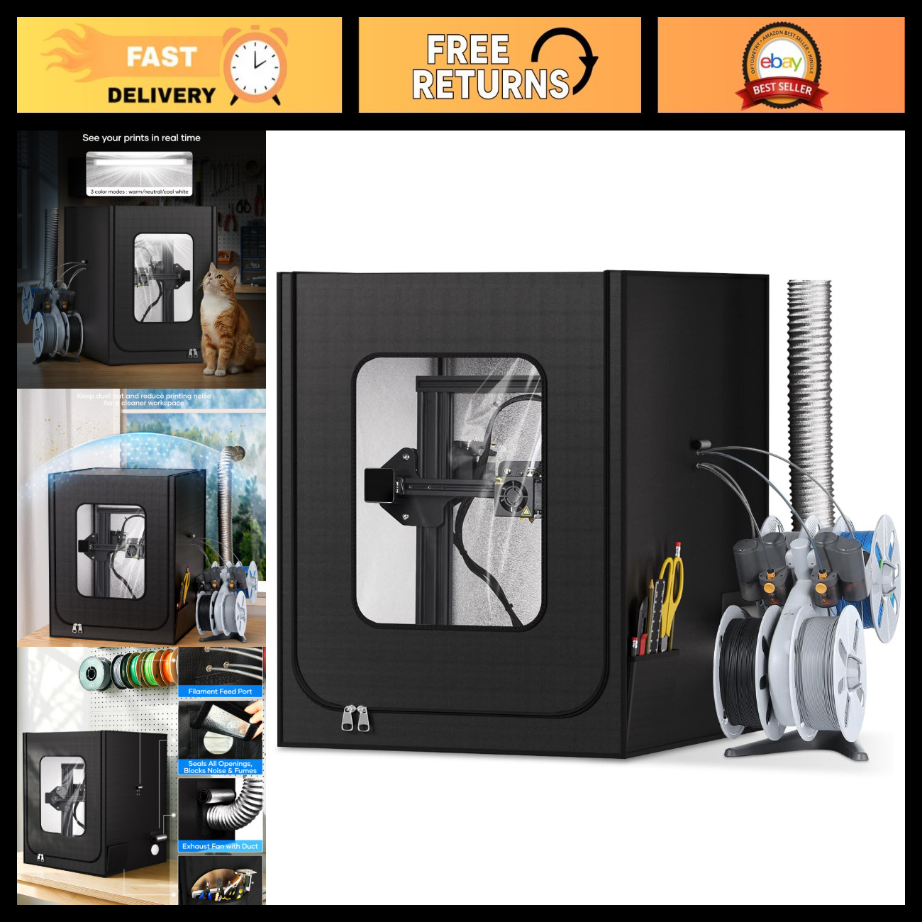 3D Printer Enclosure with Ventilation, LED Light, Fireproof Dustproof Cover