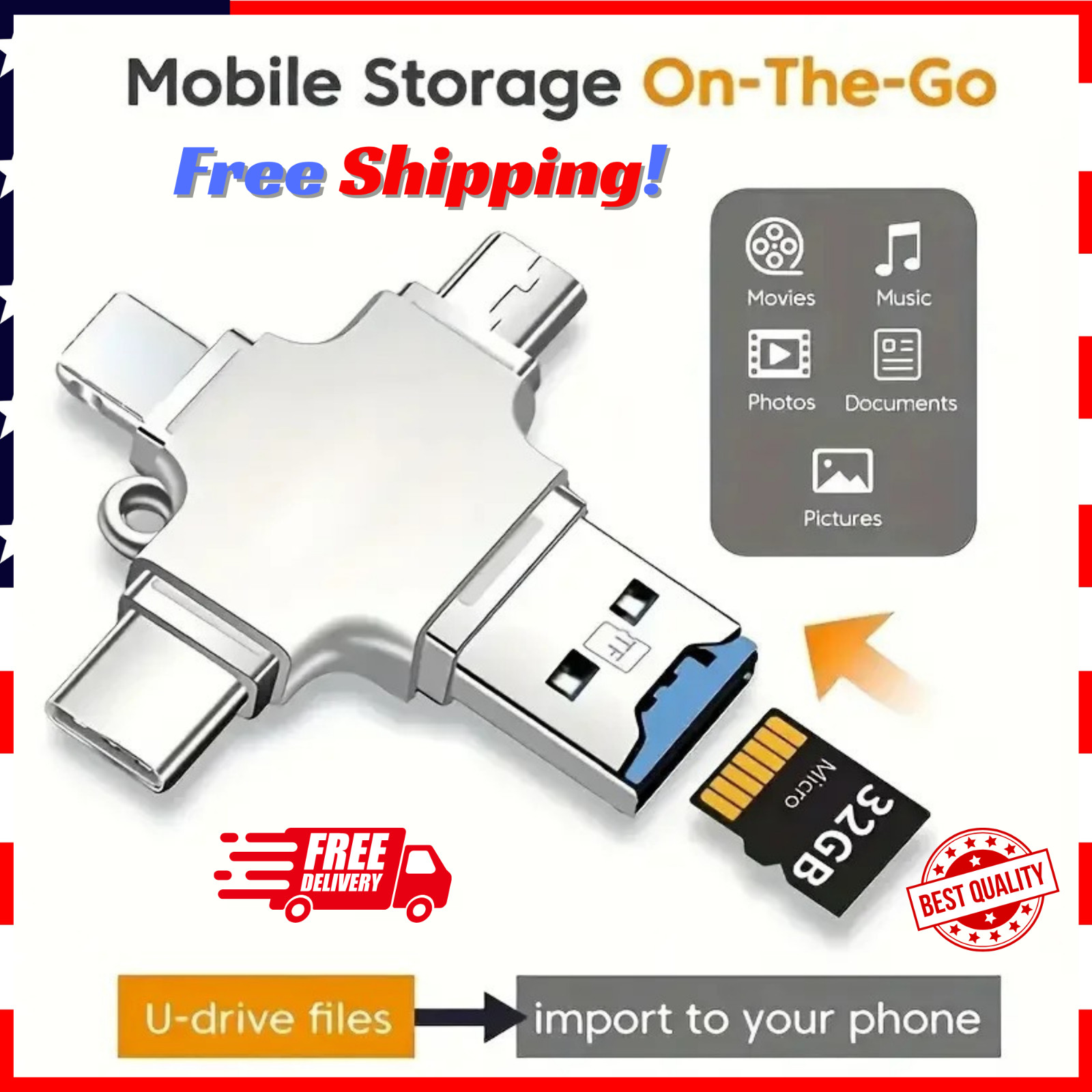 4 In 1 Multi Port Card Reader Lightning USB Type C Portable Converter Compatible