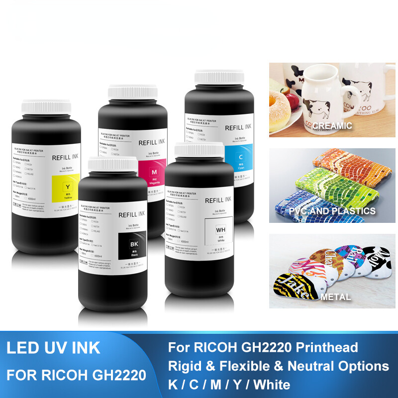 5×1000ML LED Curable UV Ink For Ricoh GH2220 Industrial Inkjet Printhead 