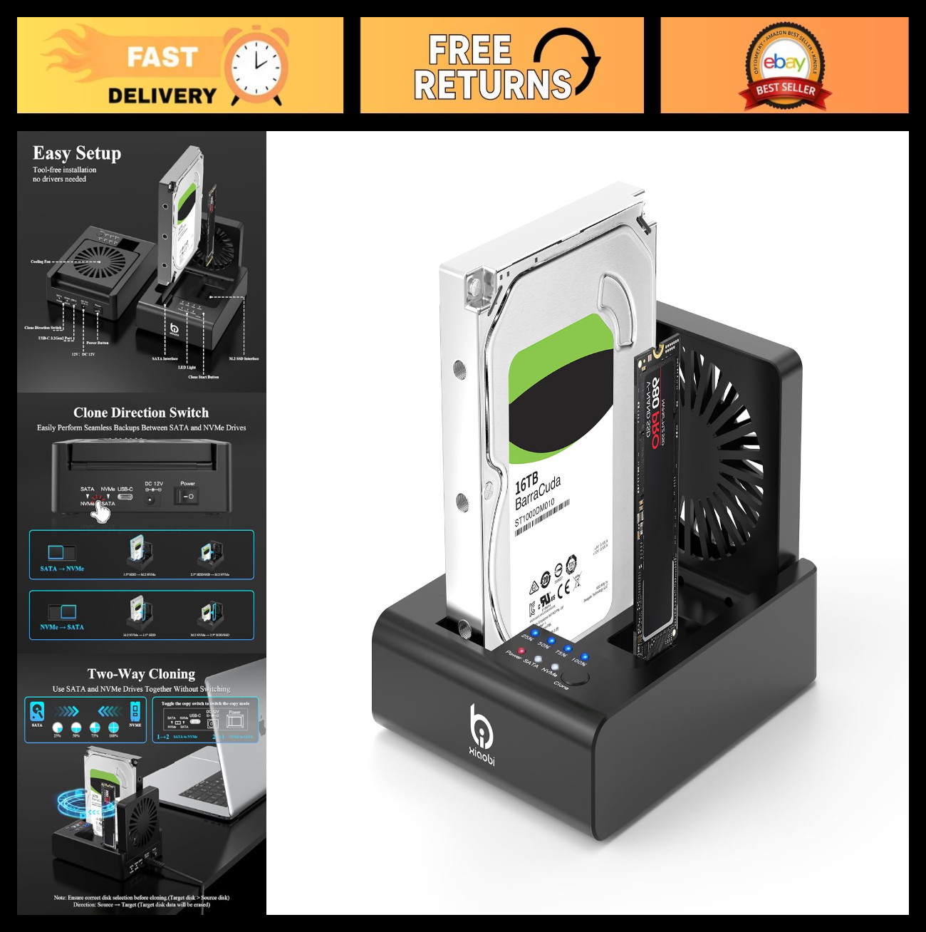 M.2 NVMe & SATA HDD Docking Station, 10Gbps USB3.2 SSD Cloner, Tool-Free, Coolin