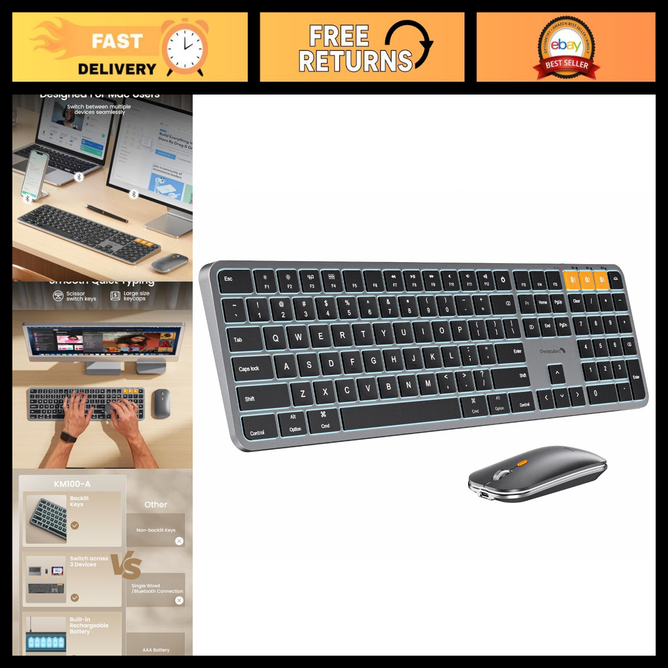 Backlit Bluetooth Keyboard & Mouse Combo for Mac - Space Gray, Wireless, Ergonom