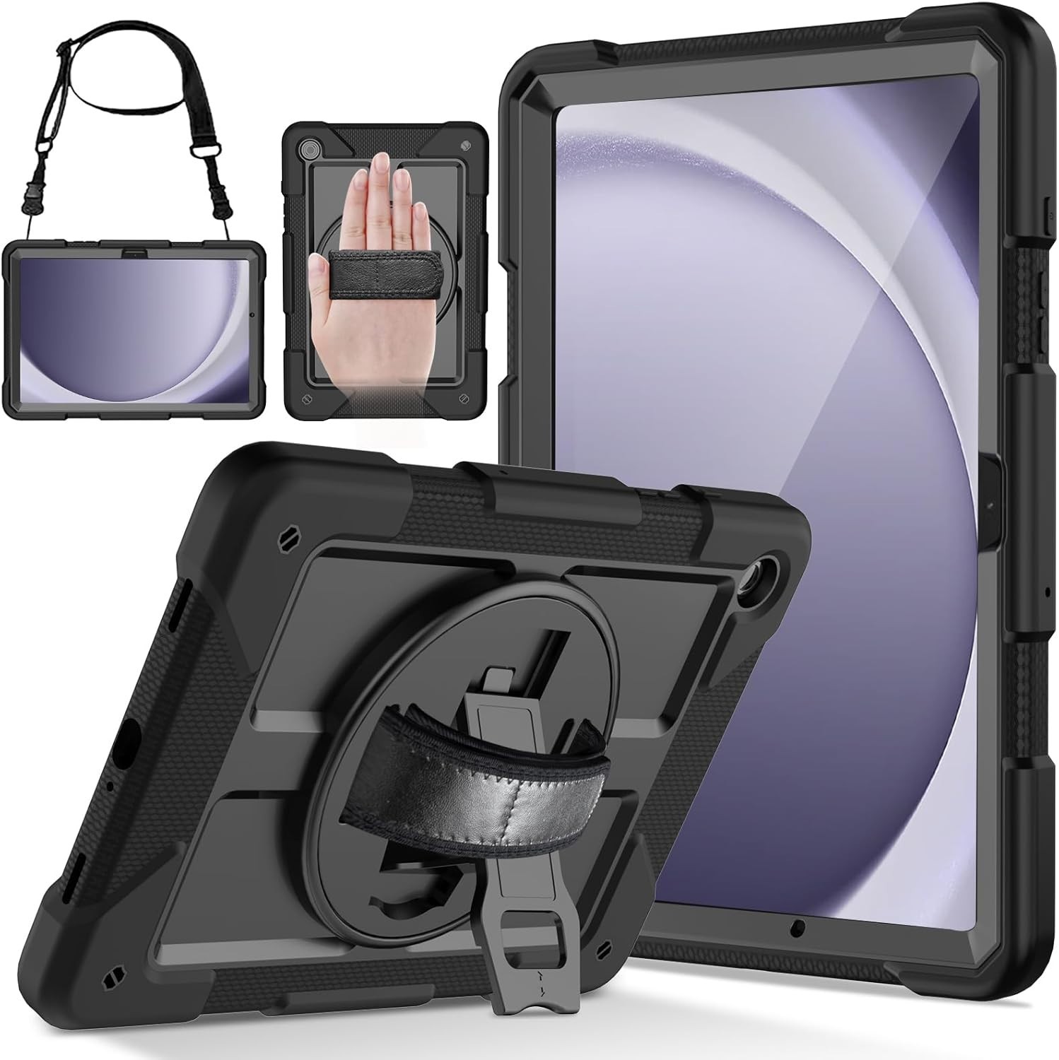 Funda a prueba de golpes para Galaxy Tab A9 Plus con soporte giratorio, negro