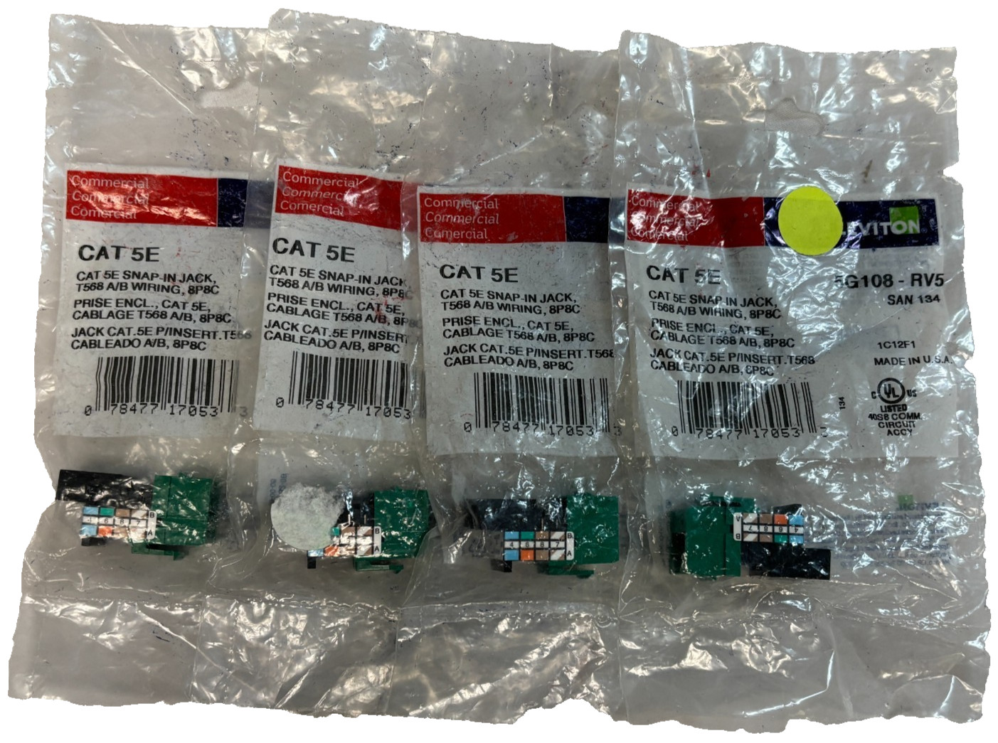 Leviton 5G108-RV5, CAT 5e Snap-In Jack - Green - Lot of 4 - New
