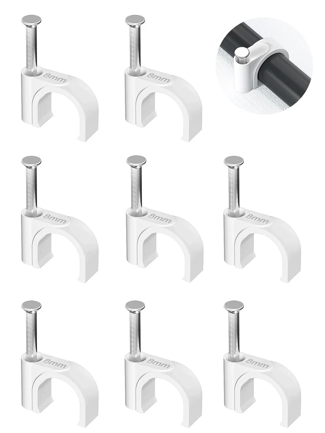 Cable Clips 100Pcs 8mm Nail in Clips for Round Ethernet Cables Wall Clips