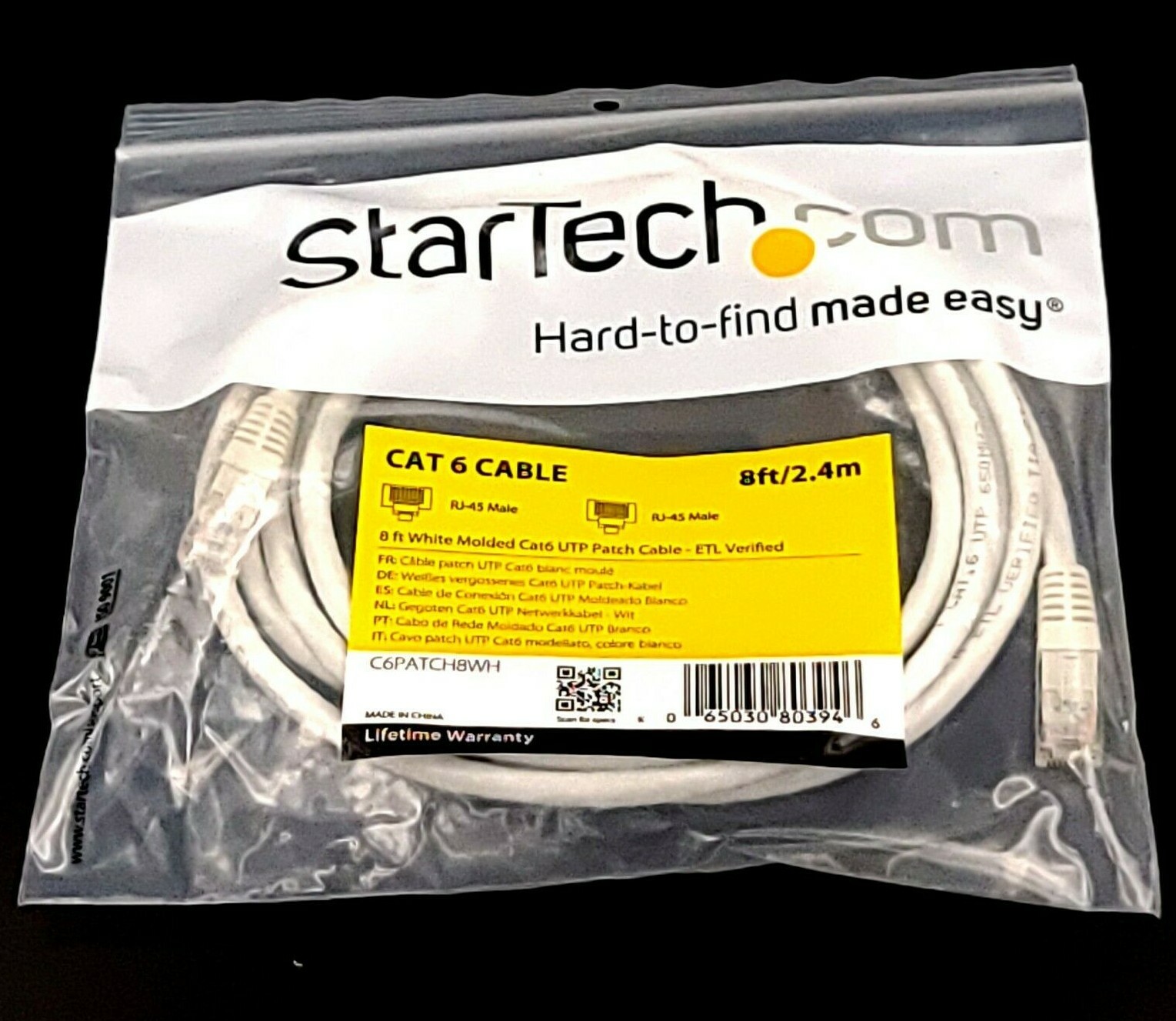 StarTech 8ft White Molded Cat6 UTP Patch Cable ETL Verified C6PATCH8WH