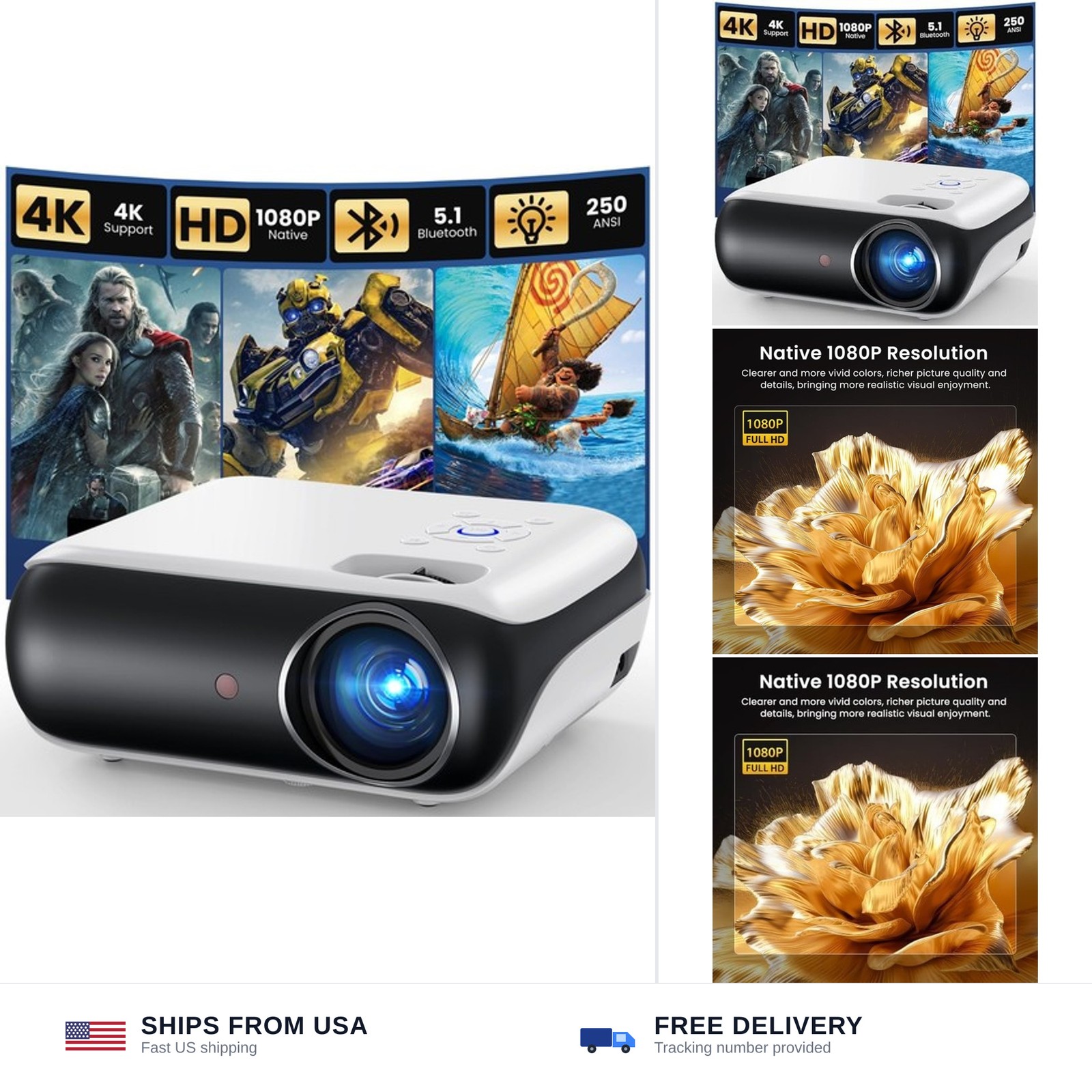 HAPPRUN Native 1080P Outdoor Smart Projector-Standard | Native 1080P • Mini &...