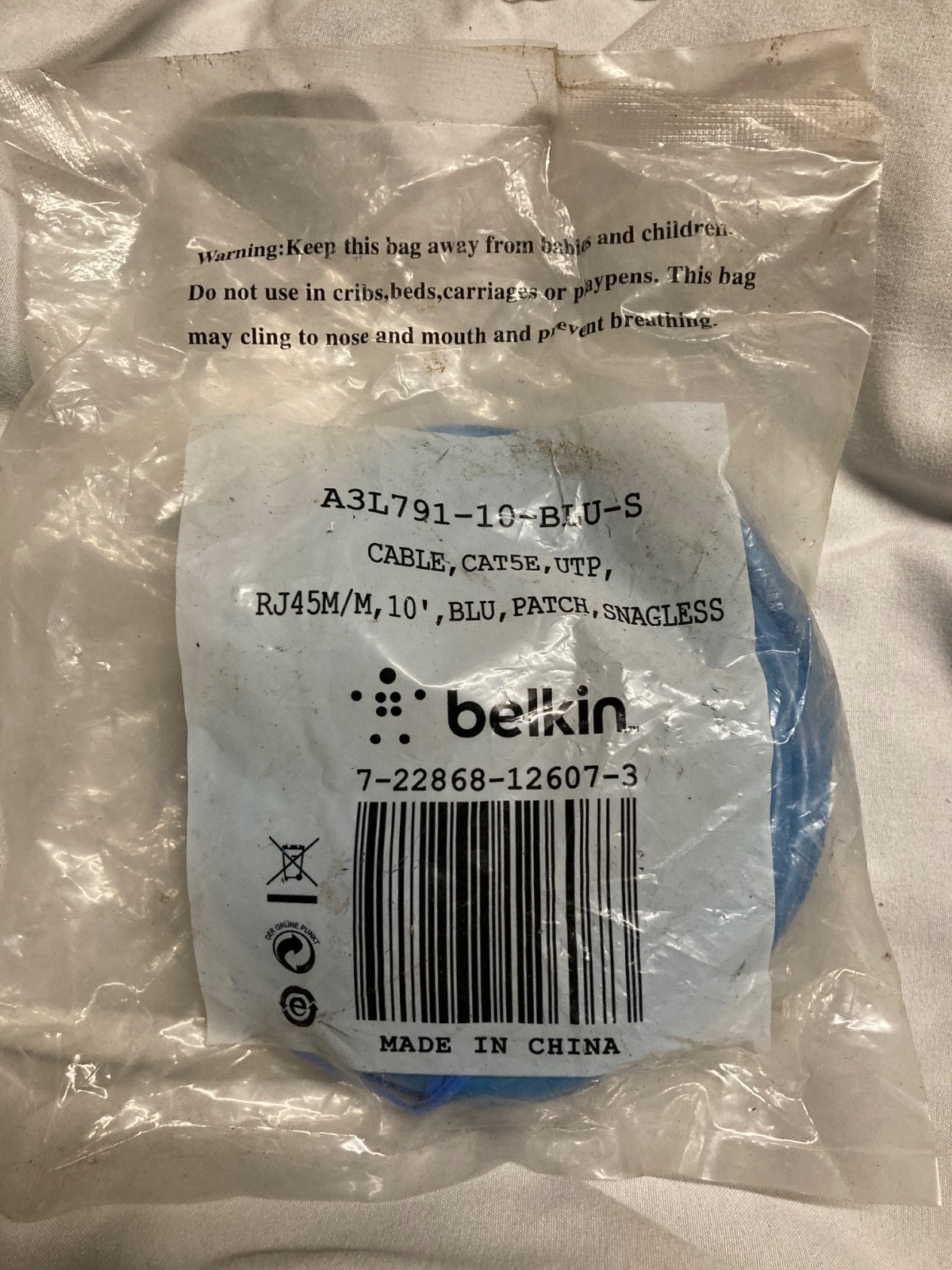 Belkin Cat. 5e Utp Patch Cable - Rj-45 Male to Male - 10ft - Blue - snagless new
