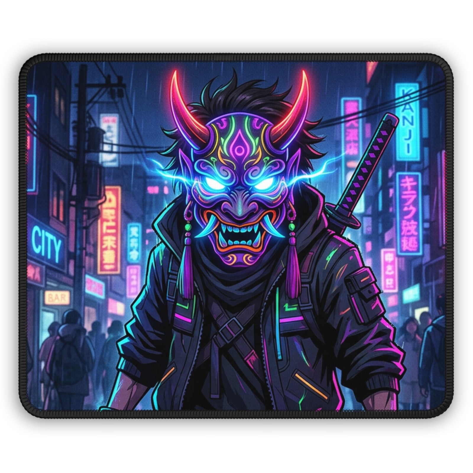 Neon Oni Mask Gaming Mouse Pad | Cyberpunk Samurai Street Scene