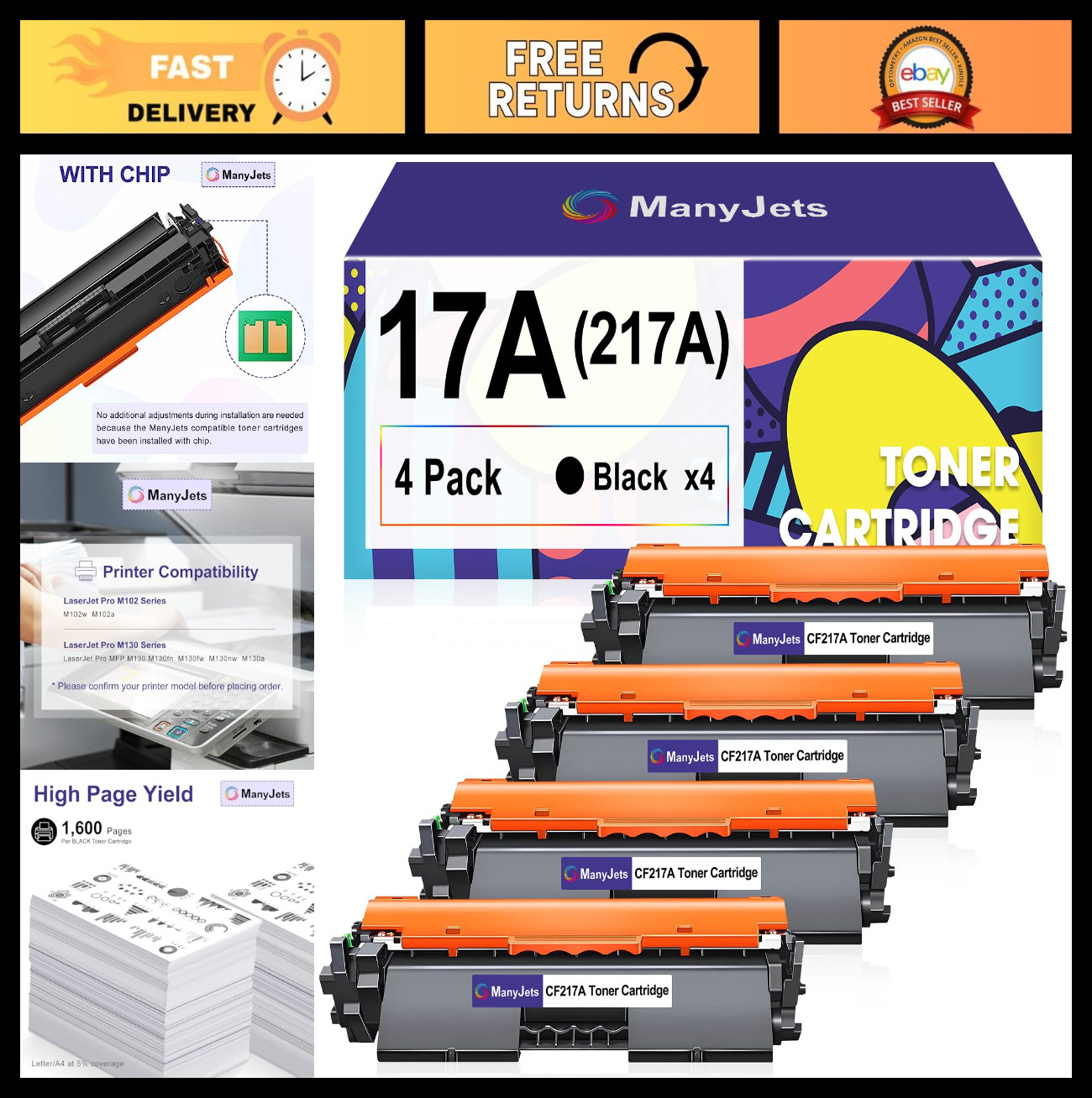High Yield 17A Black Toner Cartridge Compatible for HP LaserJet Pro M102 M130 -