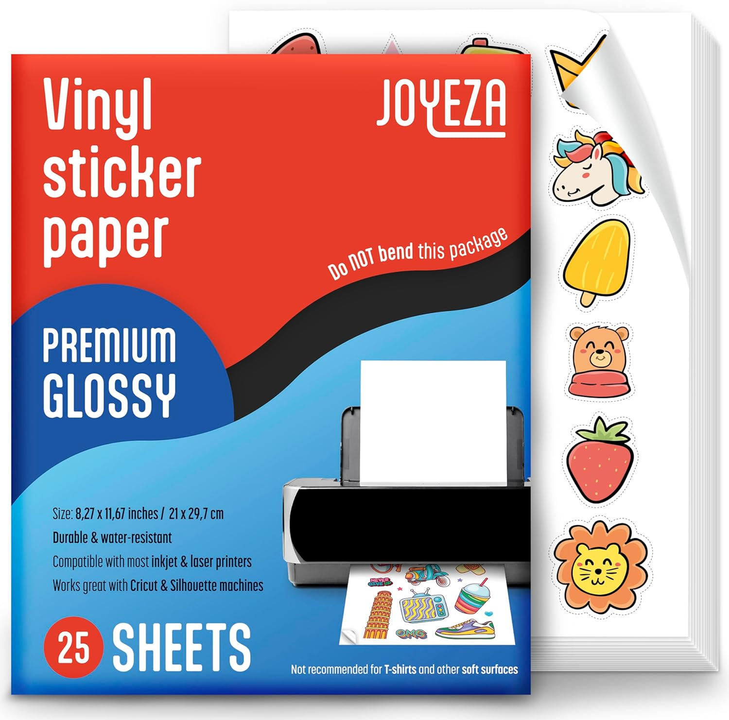 JOYEZA Premium Printable Vinyl Sticker Paper for Inkjet Printer - 25 Sheets Glos