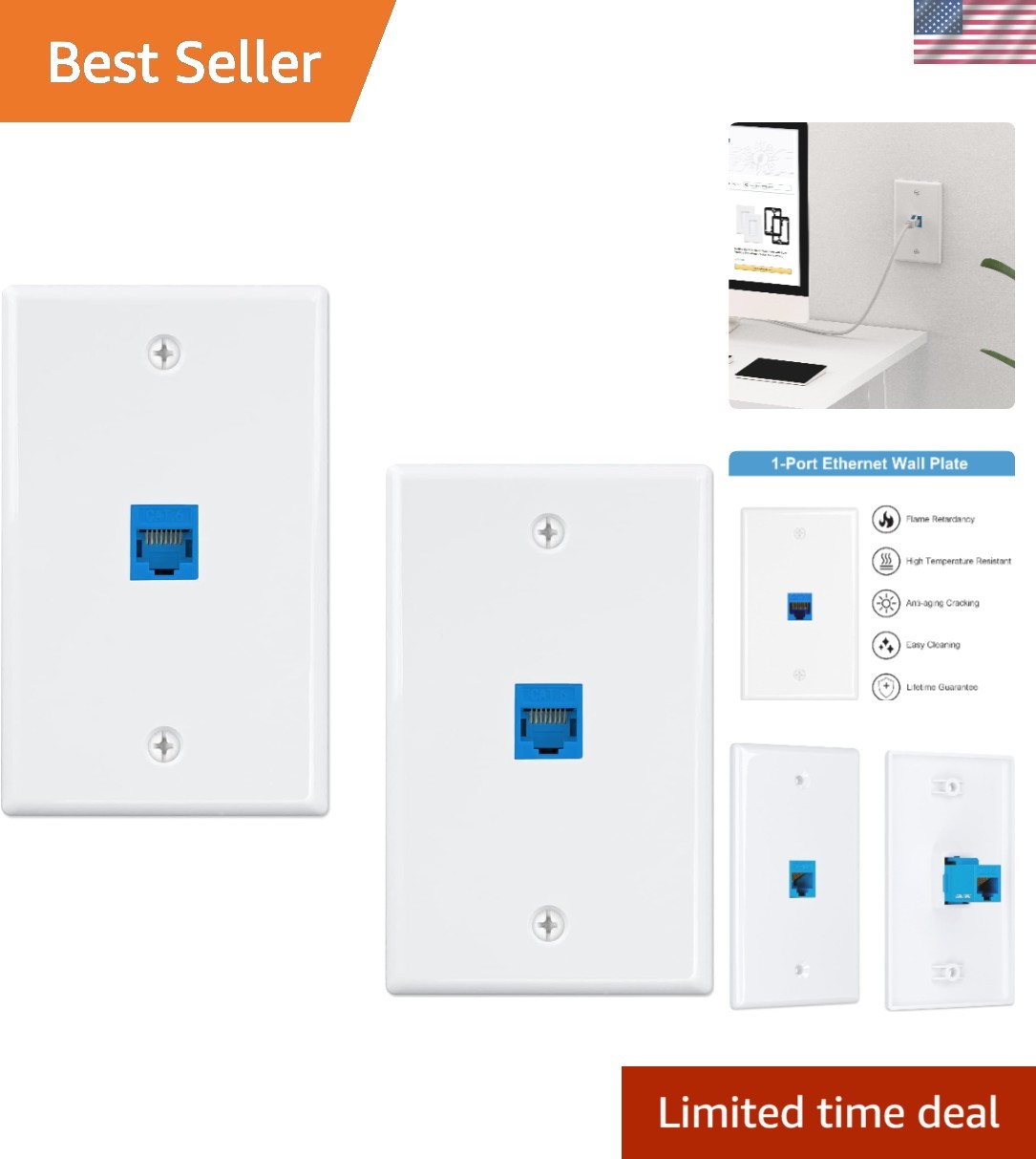Easy Install 2-Pack Ethernet Wall Plate with RJ45 Keystone Insert, Blue Design