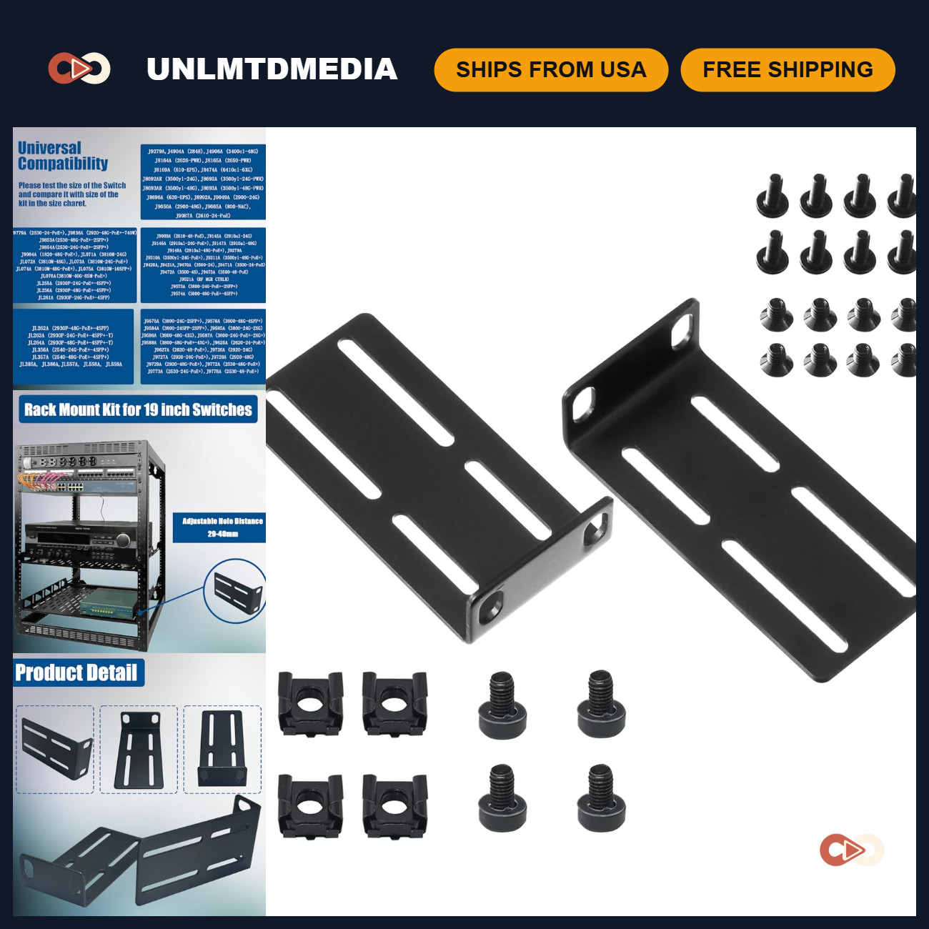 Adjustable Rack Mount Ear for 19" Switches, 29-40mm Hole Distance, Compatible wi