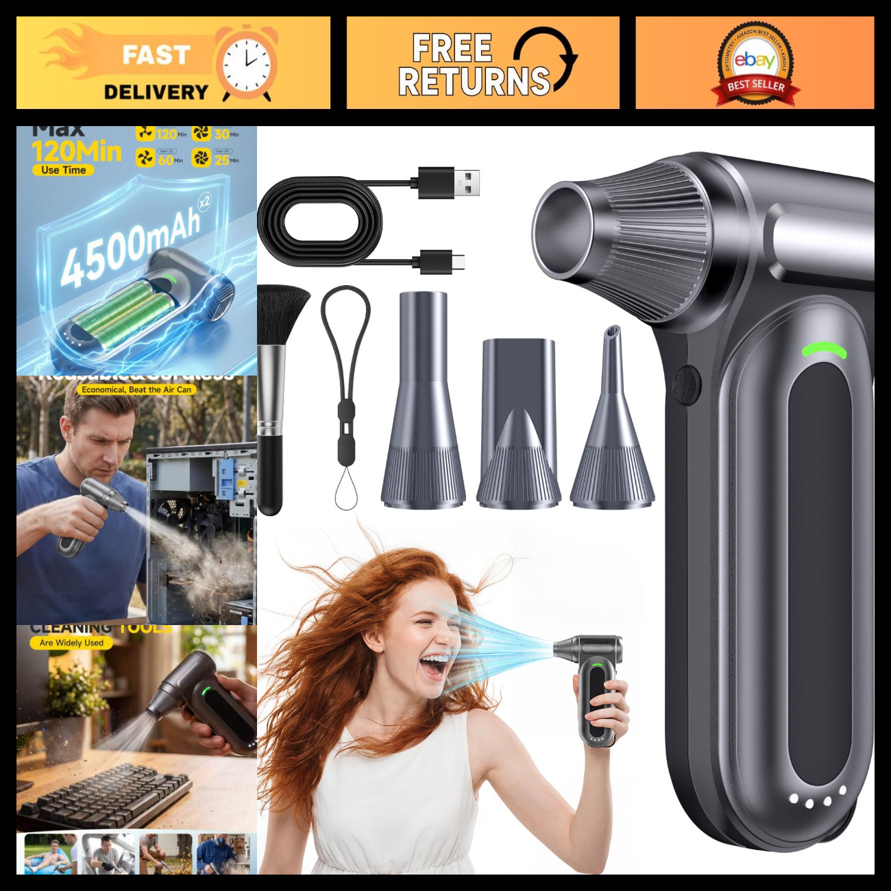 High-Power Cordless Air Duster 170,000 RPM, 4-Speed Electric Blower for Electron