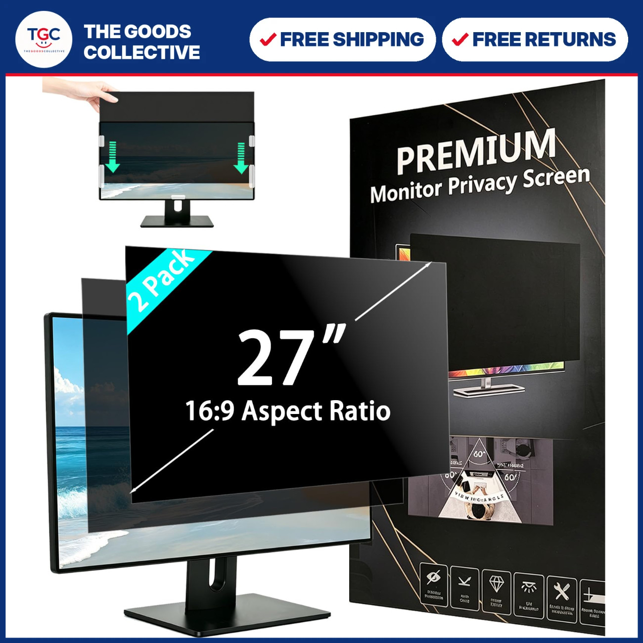27" Computer Privacy Screen Filter - 2 Pack for 16:9 Monitors, Anti-Glare, HD