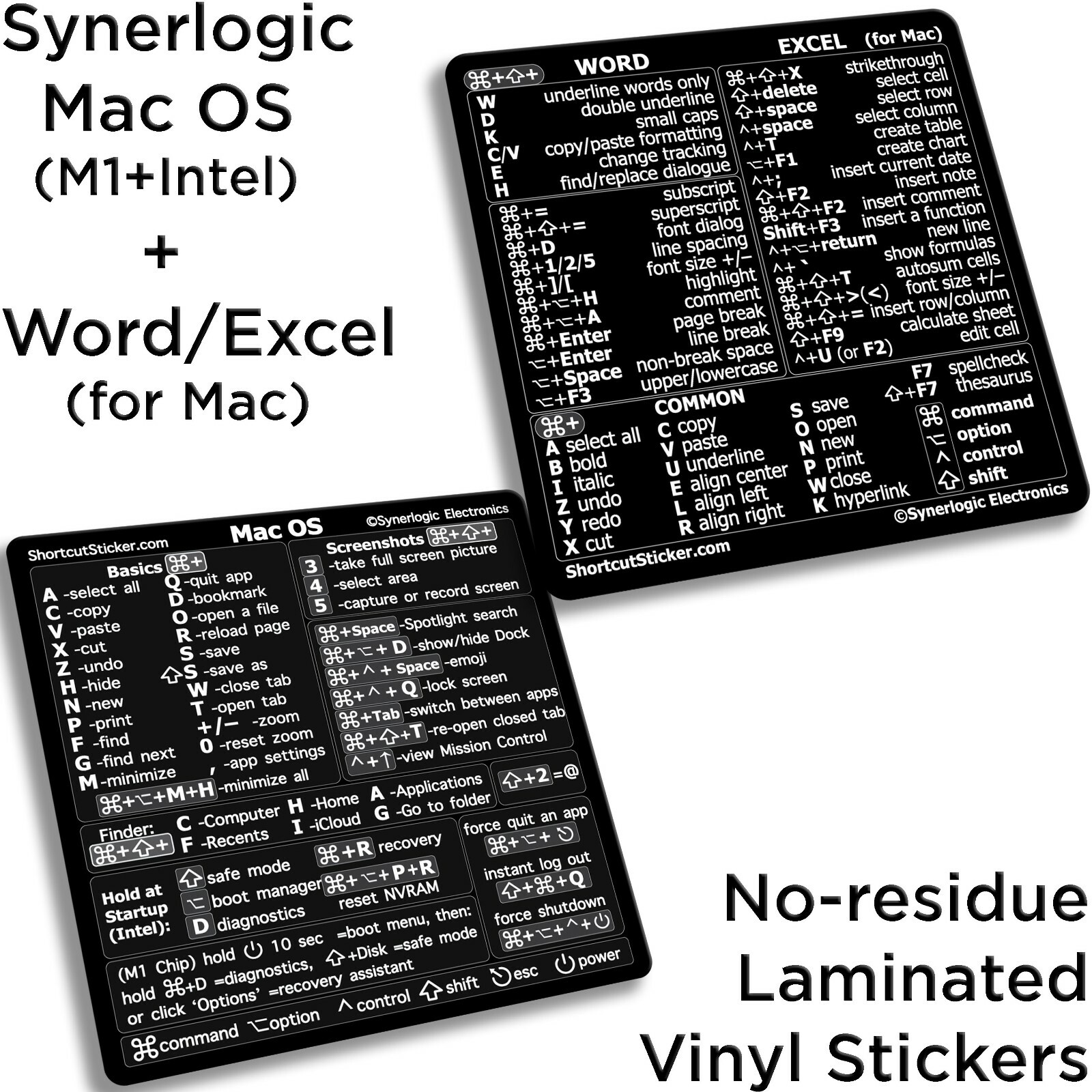 SYNERLOGIC Mac OS (M+Intel) + Word/Excel Shortcuts No-Residue Vinyl Stickers