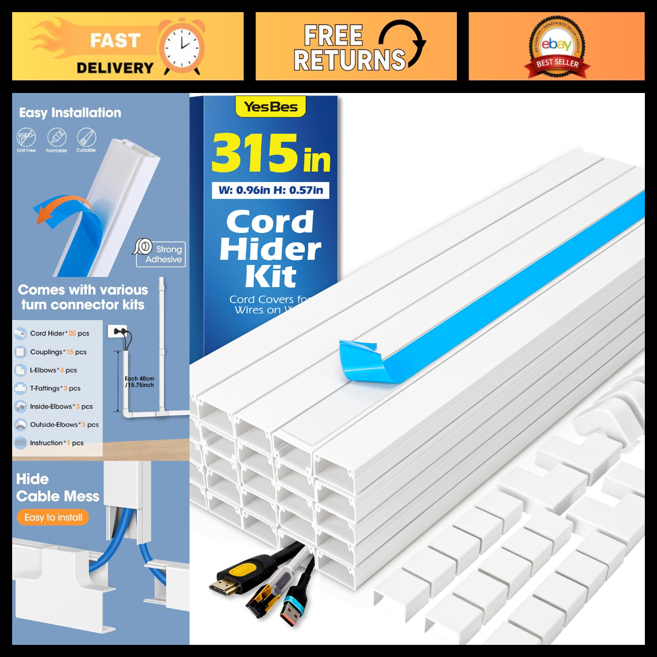 Cord Hider Kit 315in - Paintable Cable Raceway & Wall Wire Covers for TV Cords