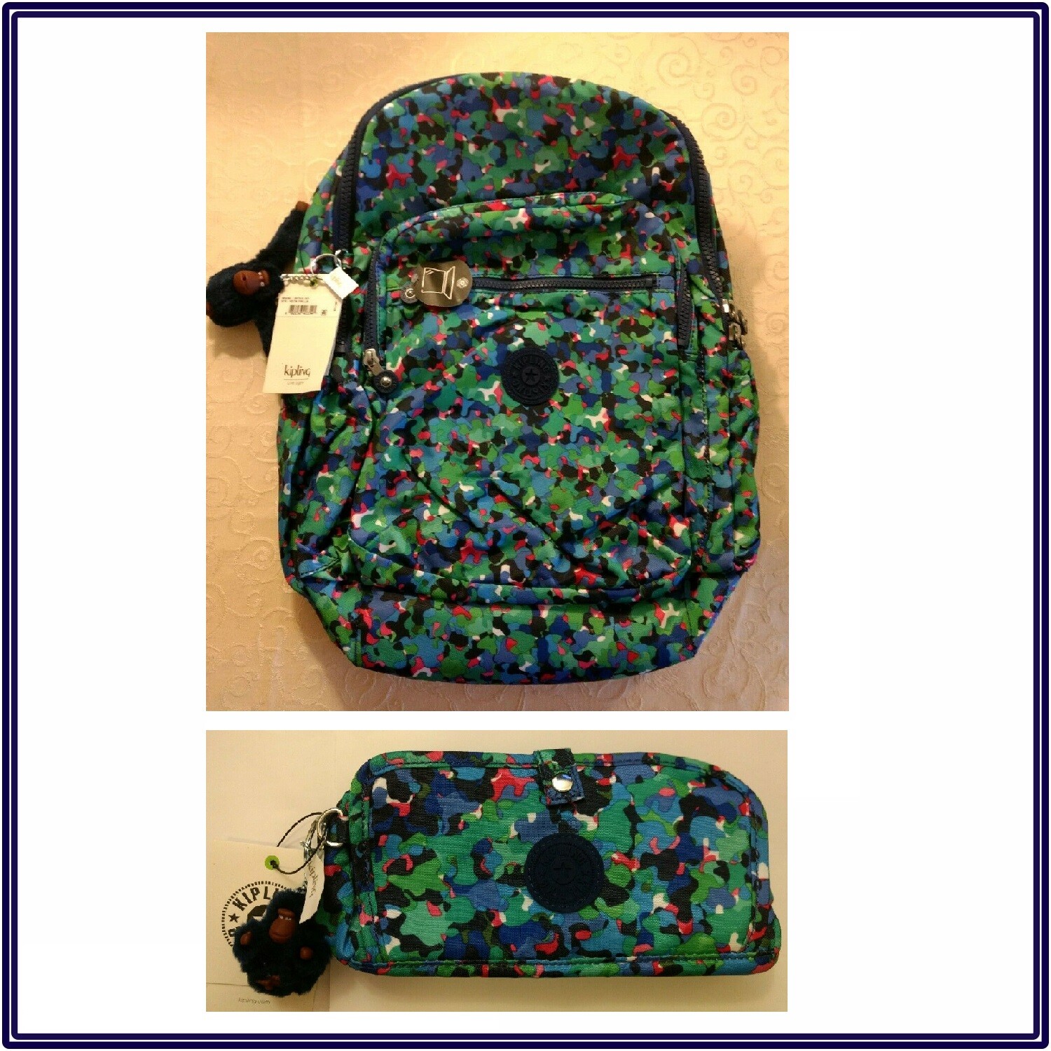 NWT Kipling Seoul Go Large Laptop Backpack + Wolfe Pencil Pouch in Neon Frills