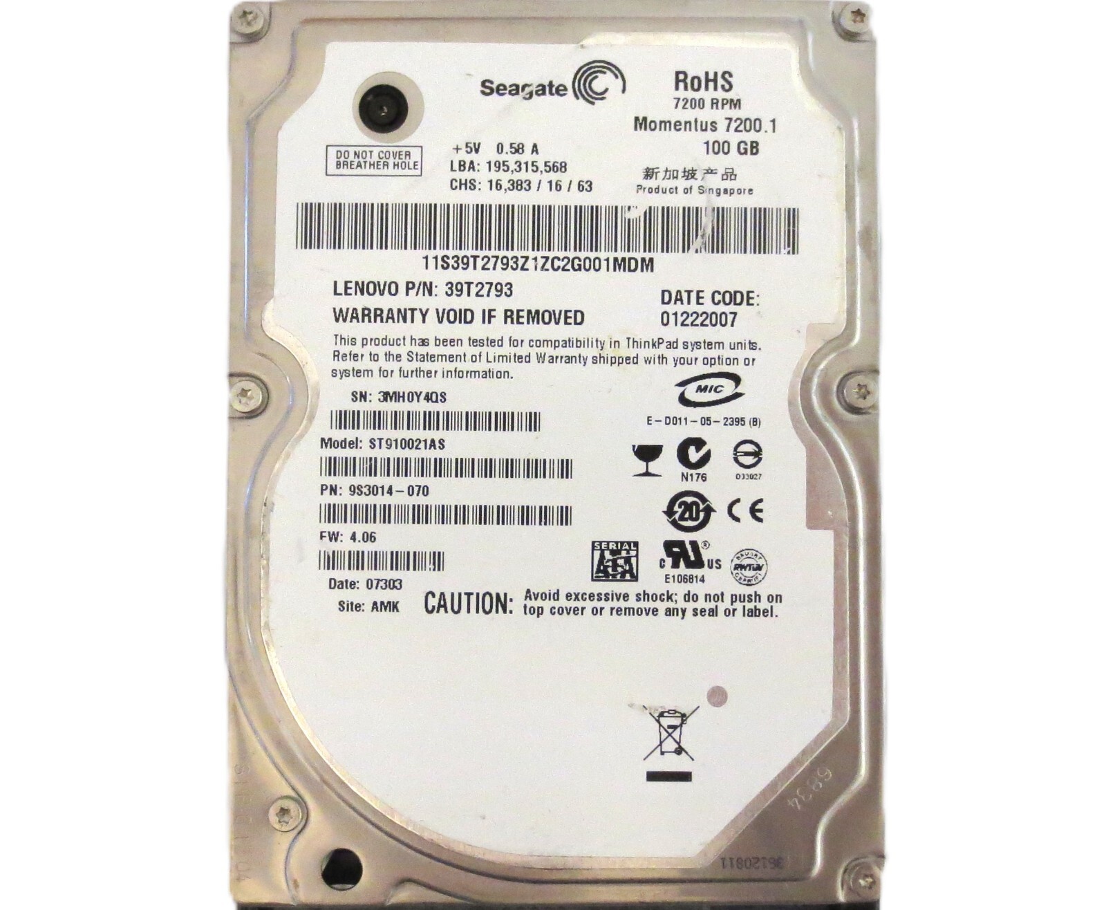 Seagate ST910021AS 9S3014-070 4.06 AMK (3MH) Singapore 100gb Sata HDD 01/2007