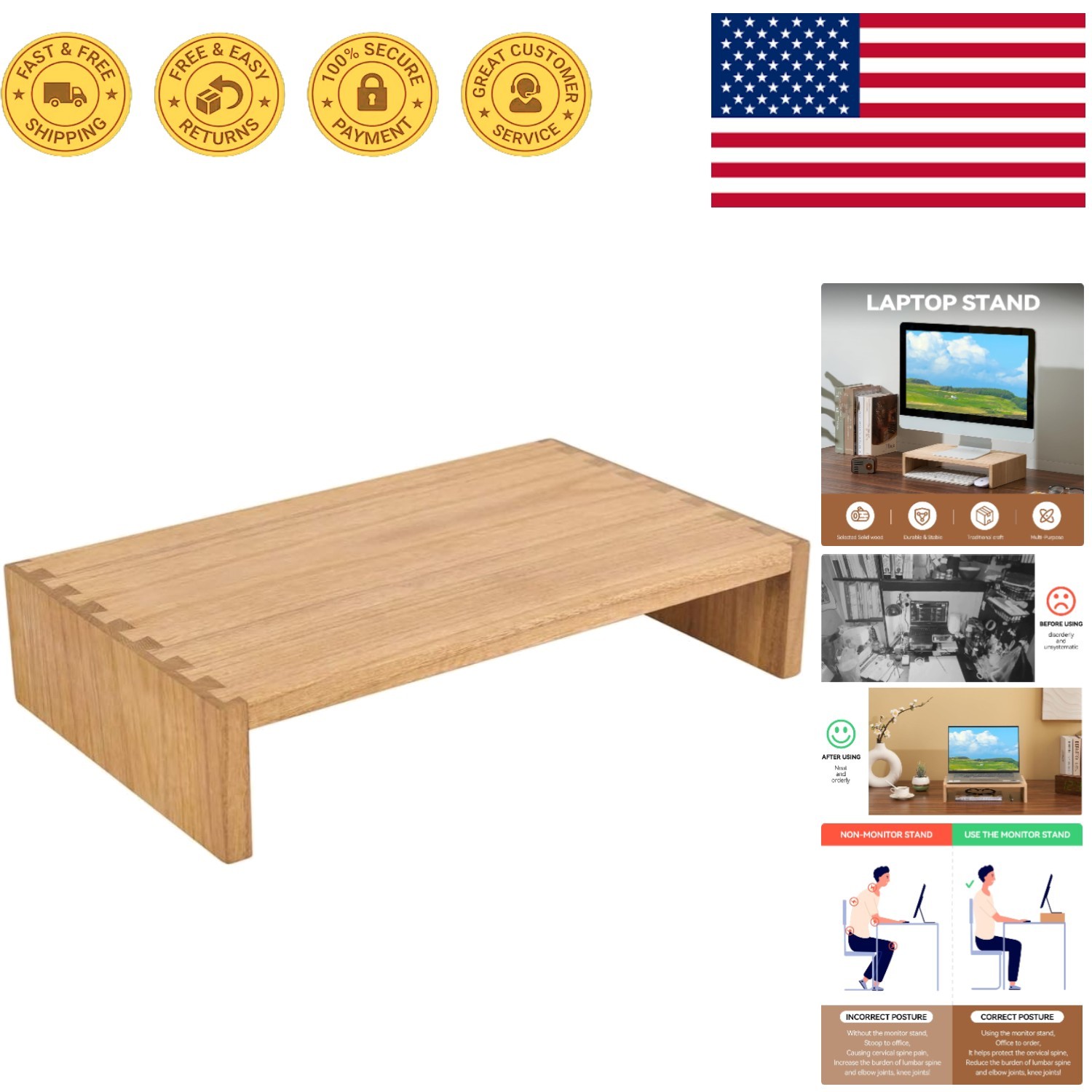 Compact Solid Wood Monitor Riser - Stylish Desk Organizer for Home Office 39cm