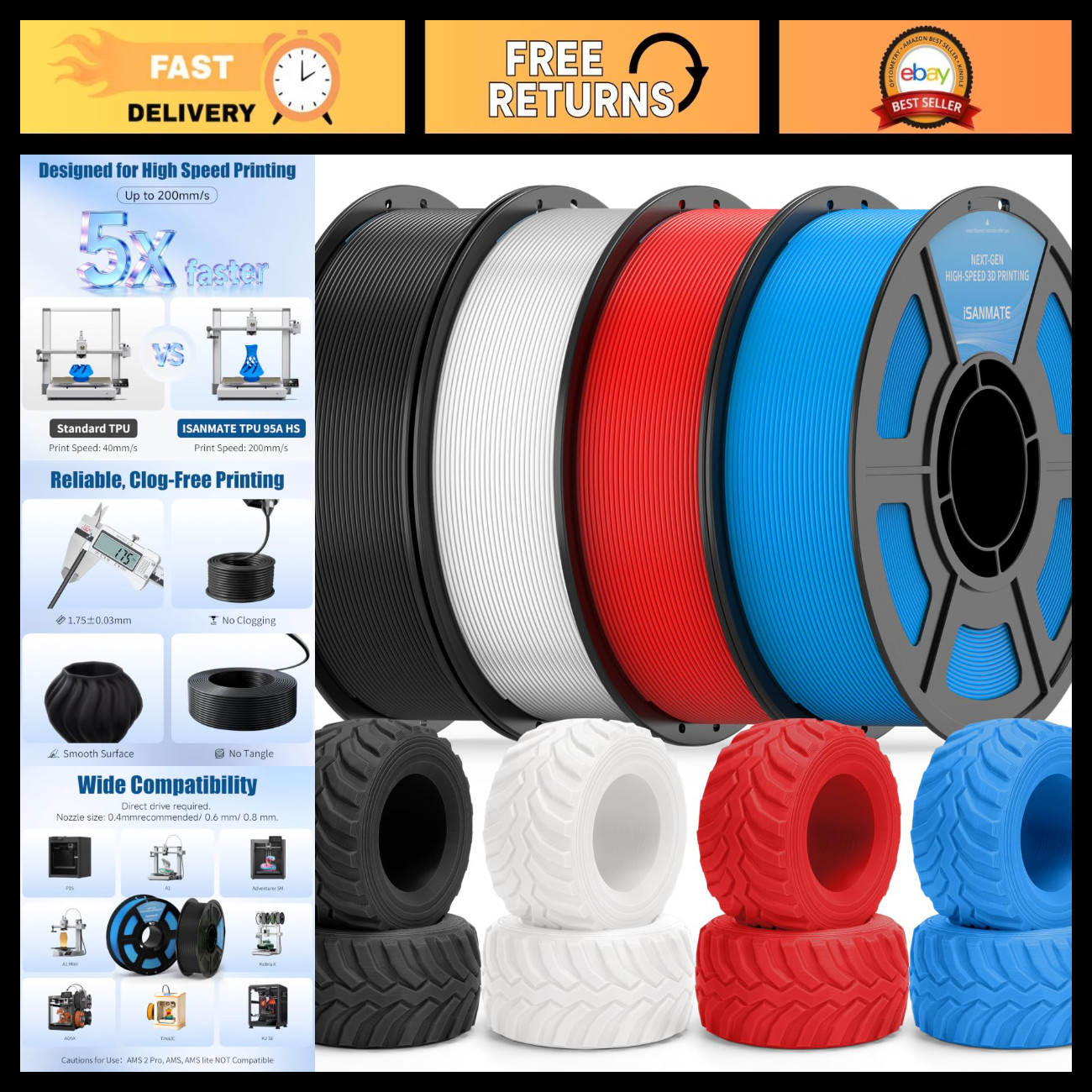95A HS TPU Filament Bundle 1.75mm - 4 Colors (Black, White, Blue, Red) 1kg Each