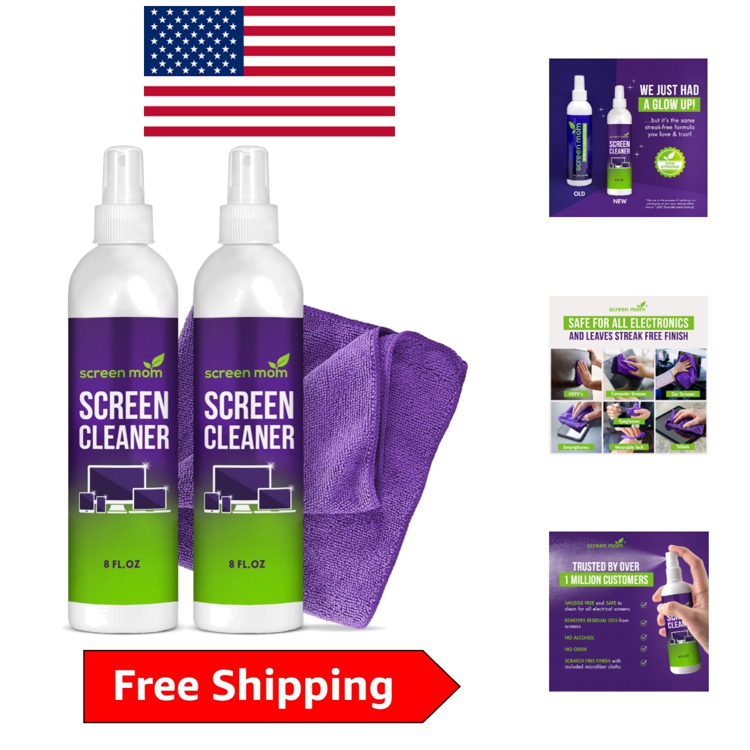Durable 2x8oz Streak-Free Screen Cleaner Spray & Cloth - Eco-Friendly Formula