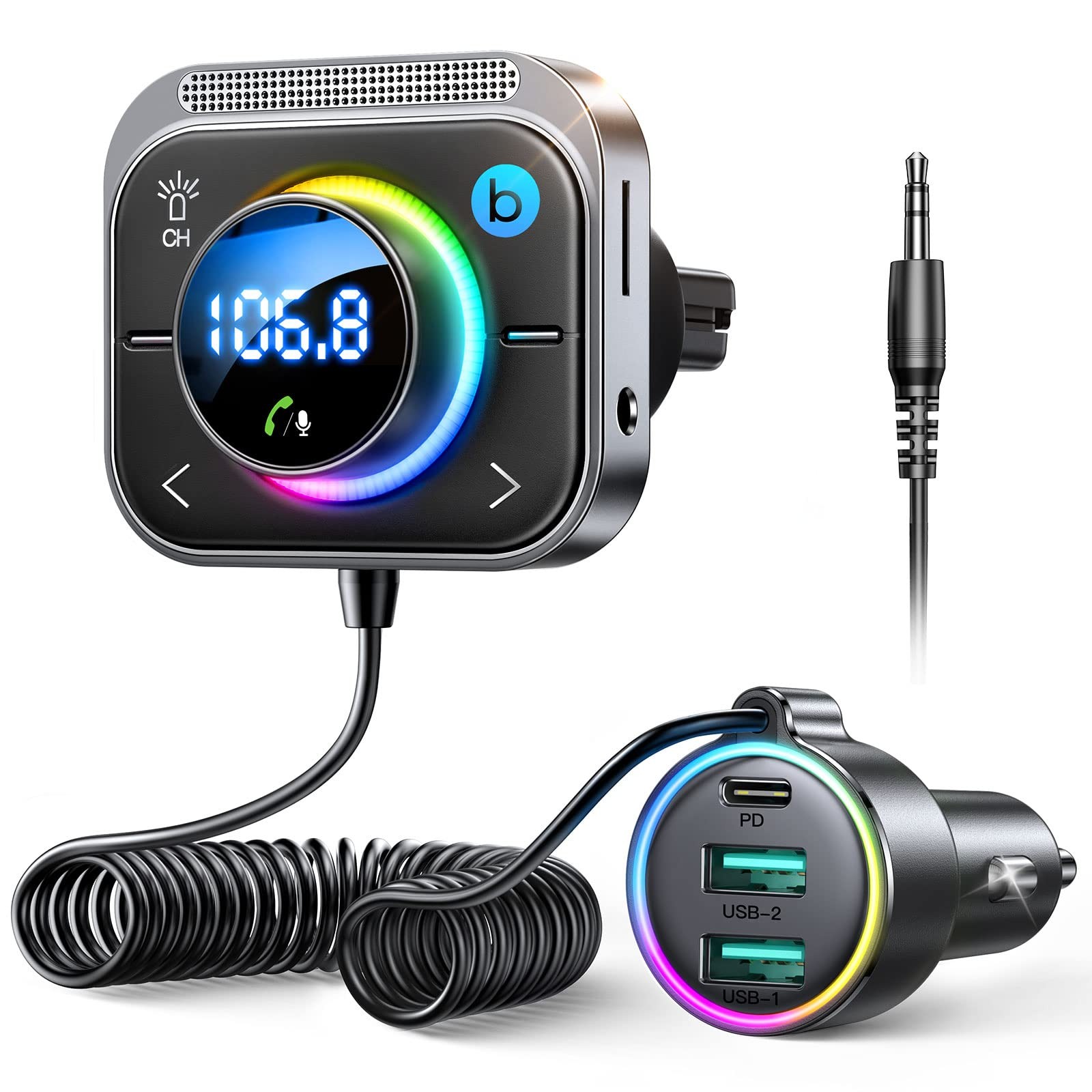 Bluetooth Car Adapter FM & AUX HiFi Bass Fast Charging