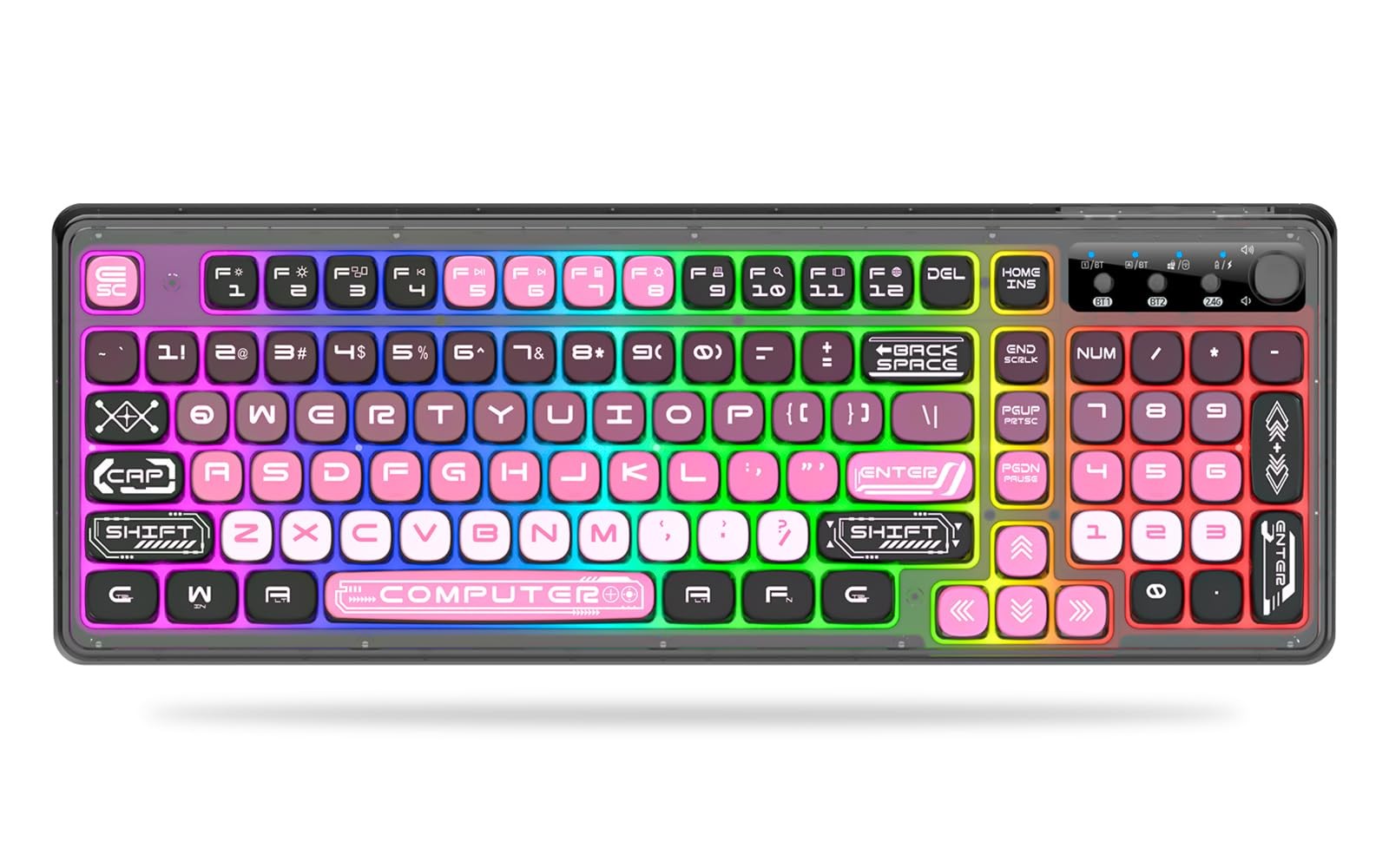 Wireless Transparent Gaming Keyboard TriMode 2.4G/BT/USBC 99 Keys RGB Pink