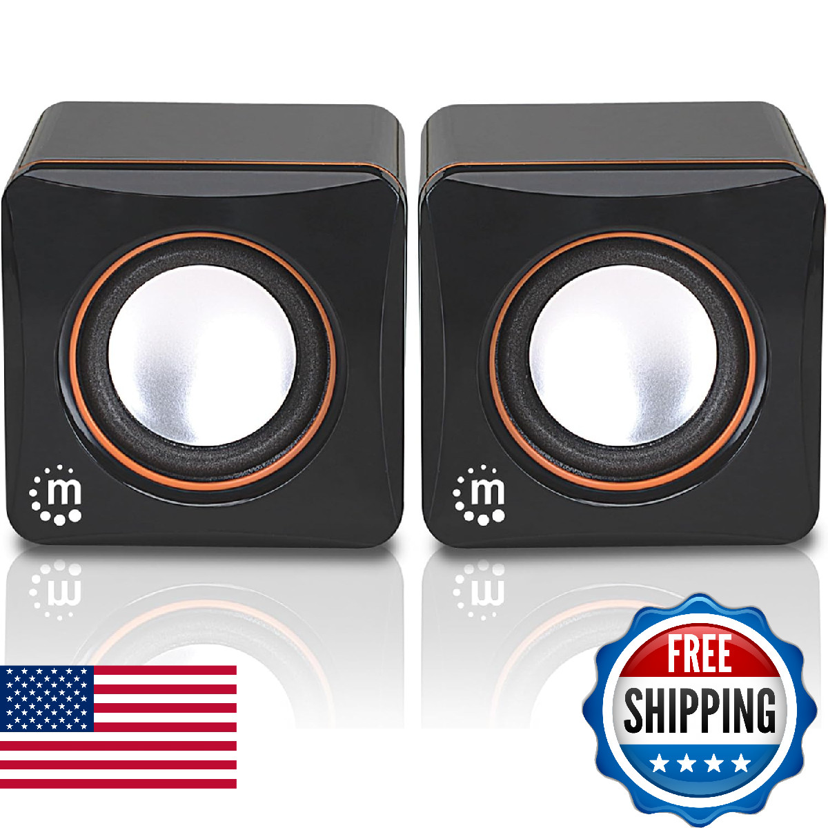 Manhattan USB Powered Speaker System Small Size Black Orange for Laptop Desktop