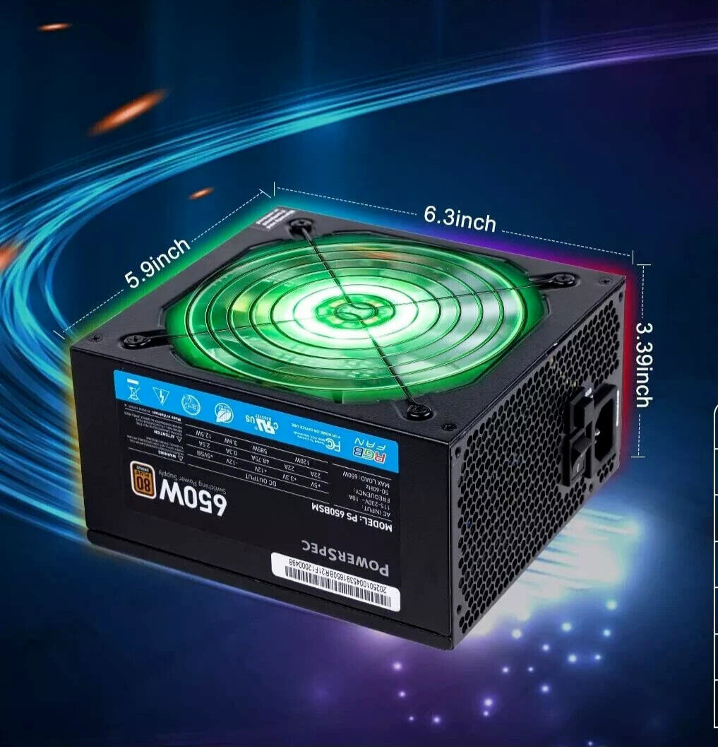 PowerSpec RGB LED Fan 650W 80plus Bronze 2x PCIE Modular ATX 12V Power Supply PS