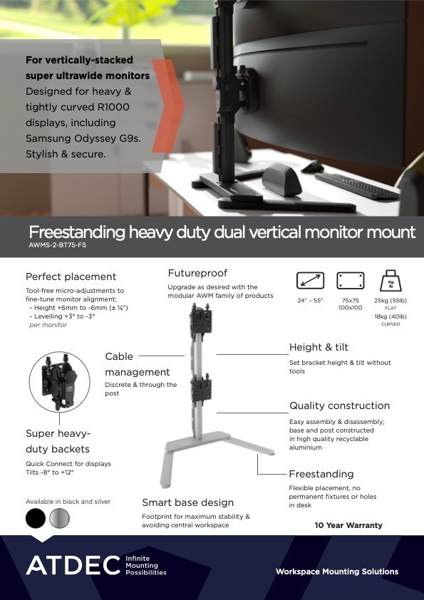 ATDEC FREESTANDING HEAVY DUTY VERTICAL DUAL MONITOR MOUNT - BLACK