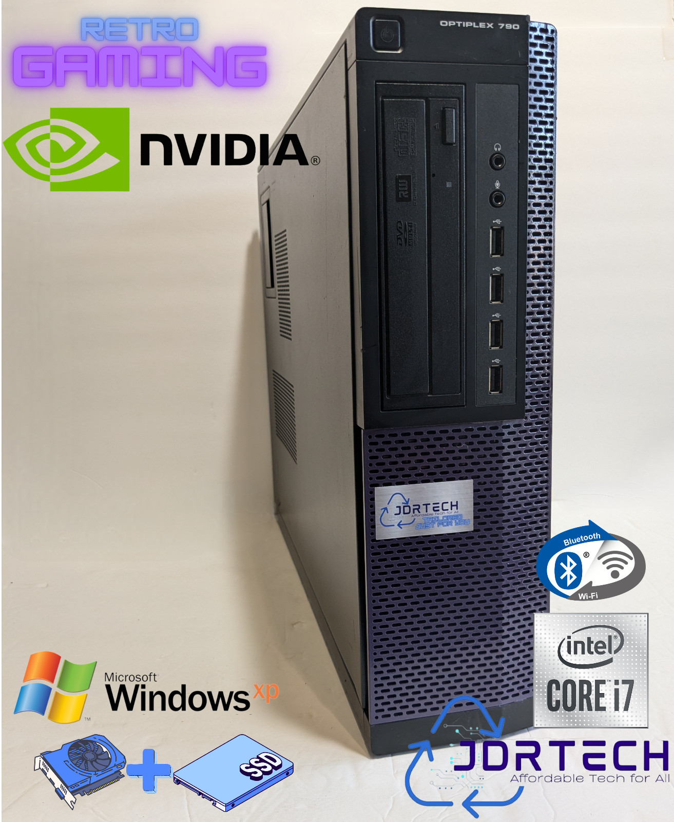 Retro Gaming Windows XP Intel Core i7 SSD Nvidia GPU WIFI BT Optiplex 790 DT