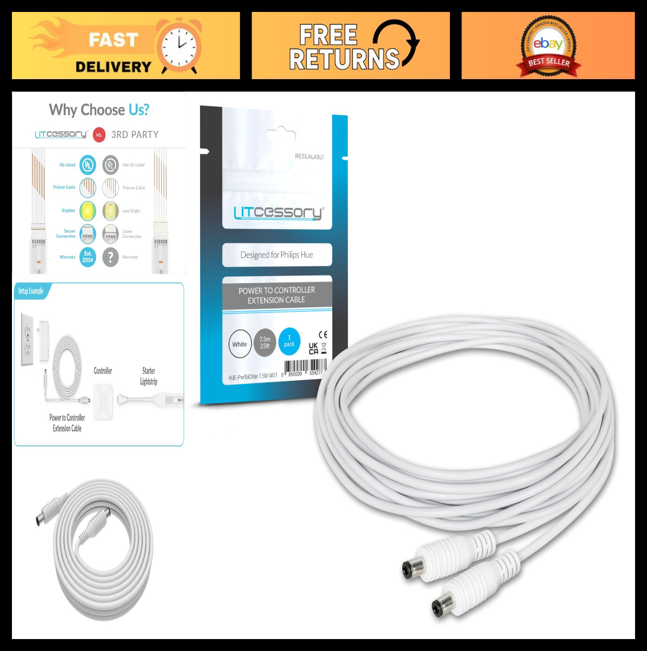 Extension Cable for Philips Hue Lightstrip - Power to Controller Connector