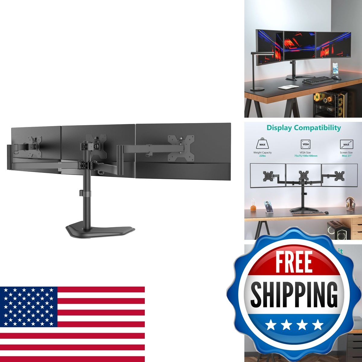 WALI Triple Monitor Stand, Standing For 13-27 Inch Screens,up To 22lbs MF003