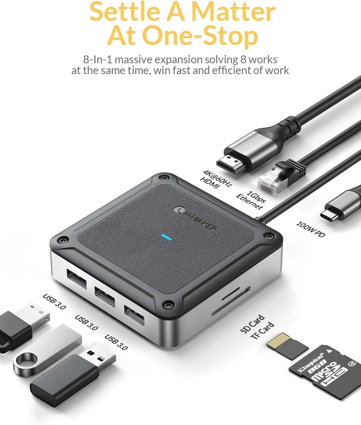 6  8 IN 1 USB C Hub PD Ethernet Hub With 100W Power Delivery 4K@60Hz HDMI Port