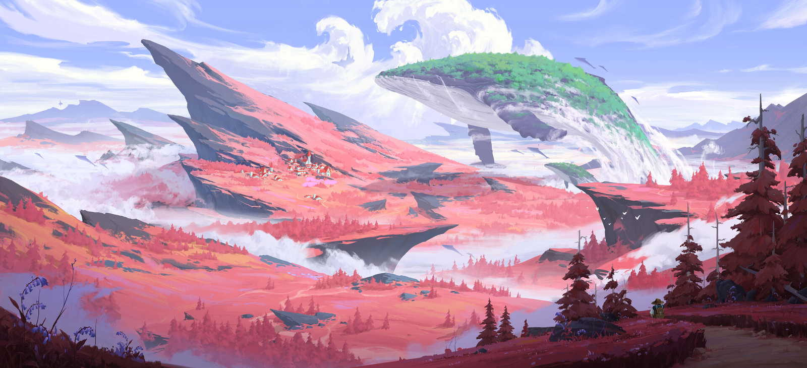 Landscape whale animals flying red clouds mountains Custom Gaming Mat Desk