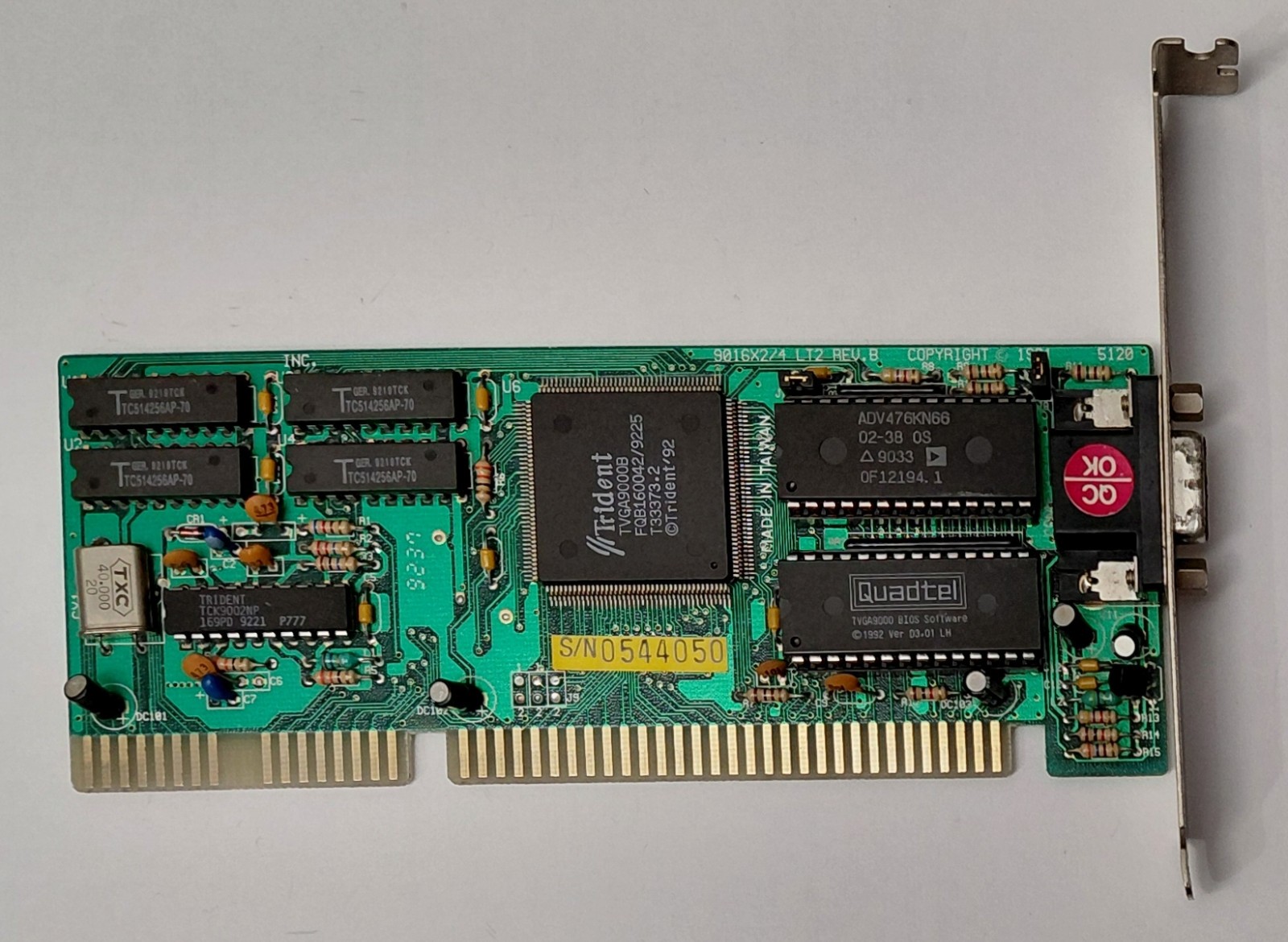 Trident 9016X2/4 LT2 REV. B ISA Graphics Card (TVGA9000B, 512KB, Retro, 1992)