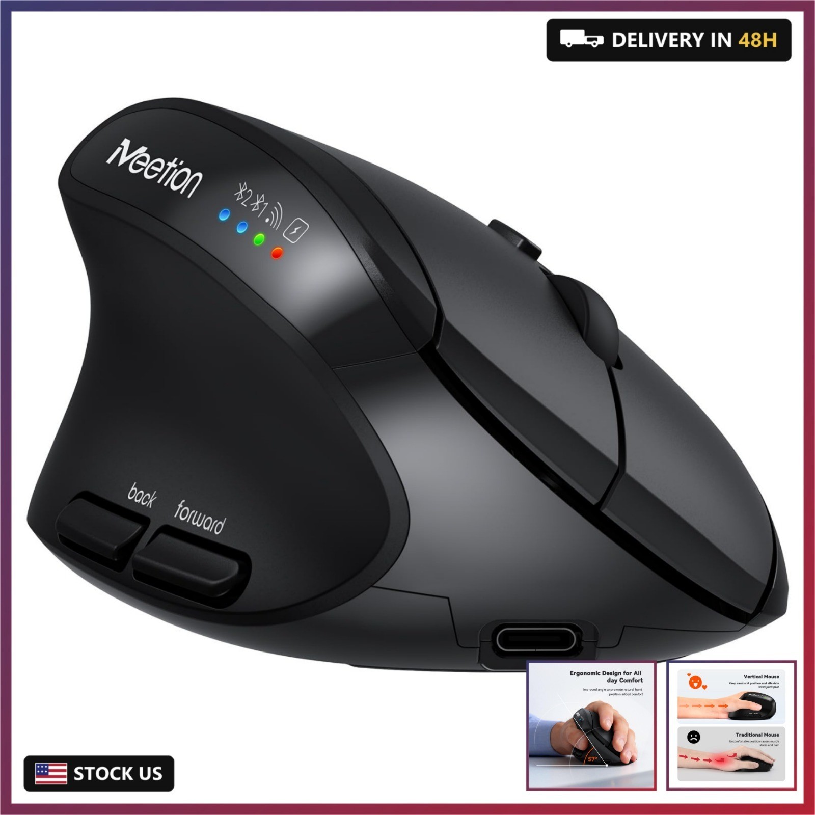 Left-Handed Ergonomic Vertical Mouse, Wireless, Rechargeable, Black