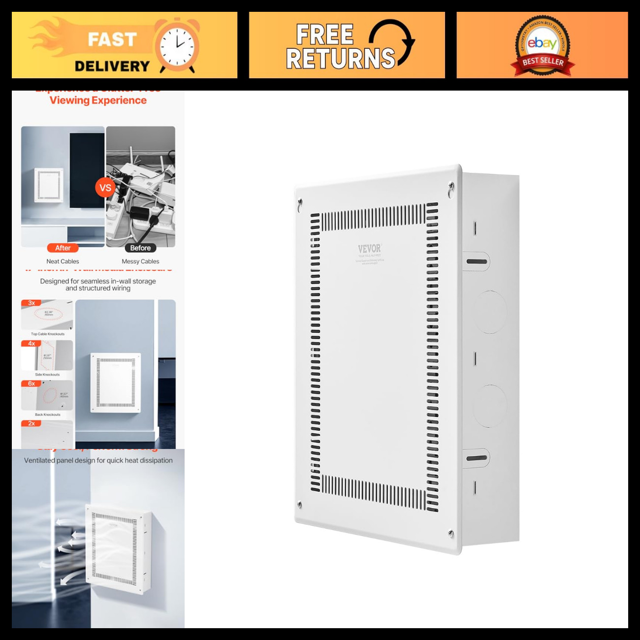 17" Recessed In-Wall Media Box, Wall-Mount Cable Management, Steel Multi-Media C