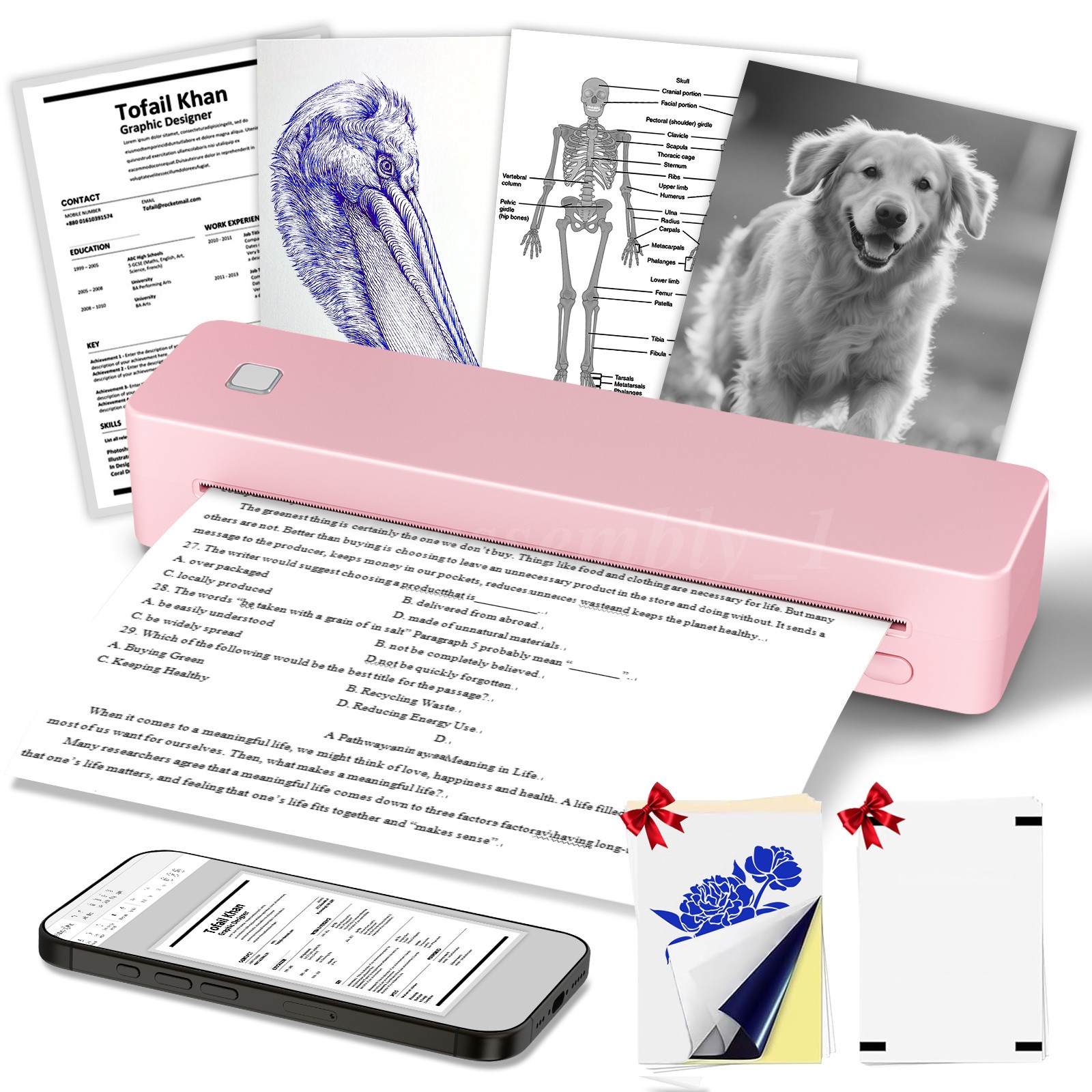 Wireless Bluetooth Portable Inkless Thermal Printer Pink