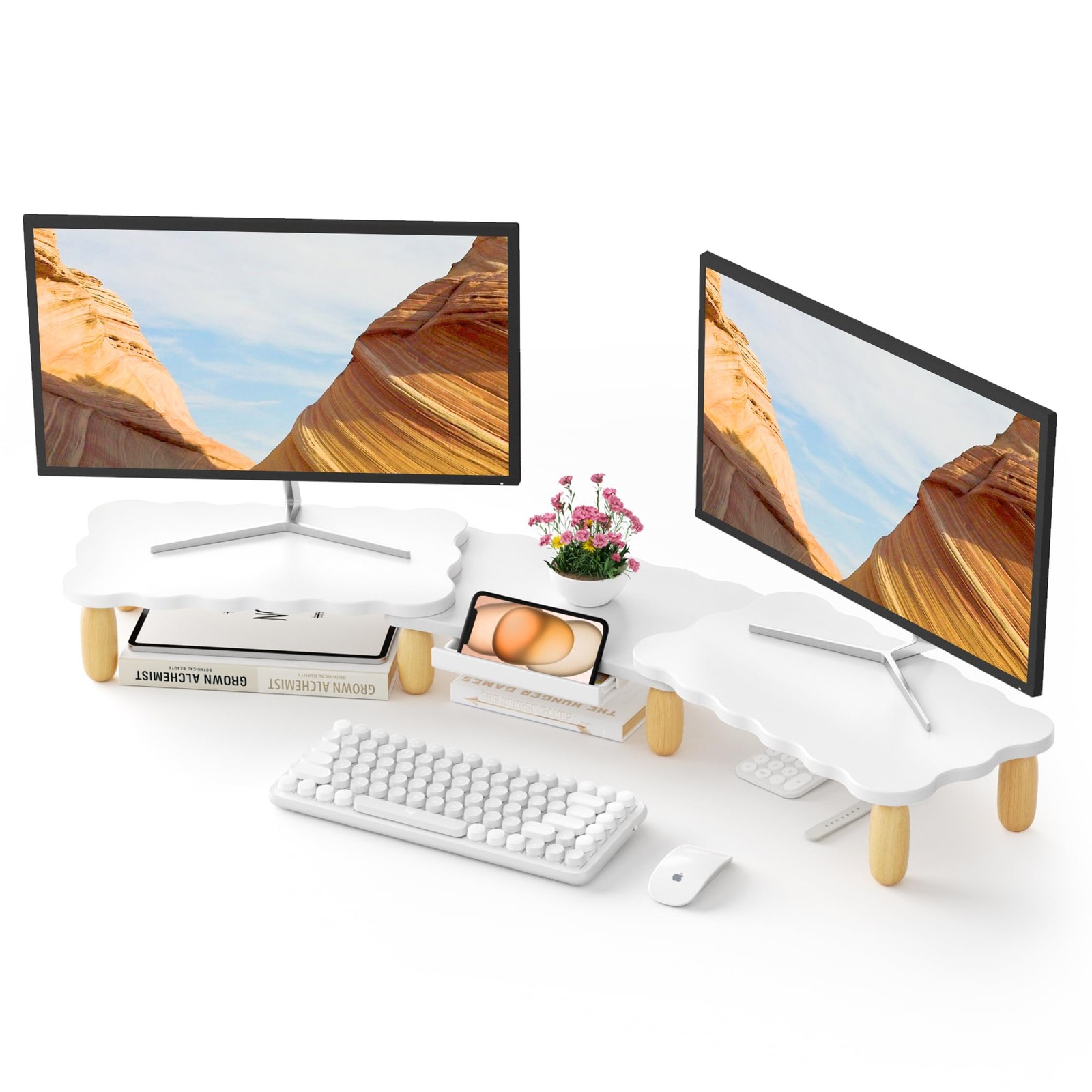Dual Monitor Riser CookieShaped Adjustable Length Swivel Drawer White Desk