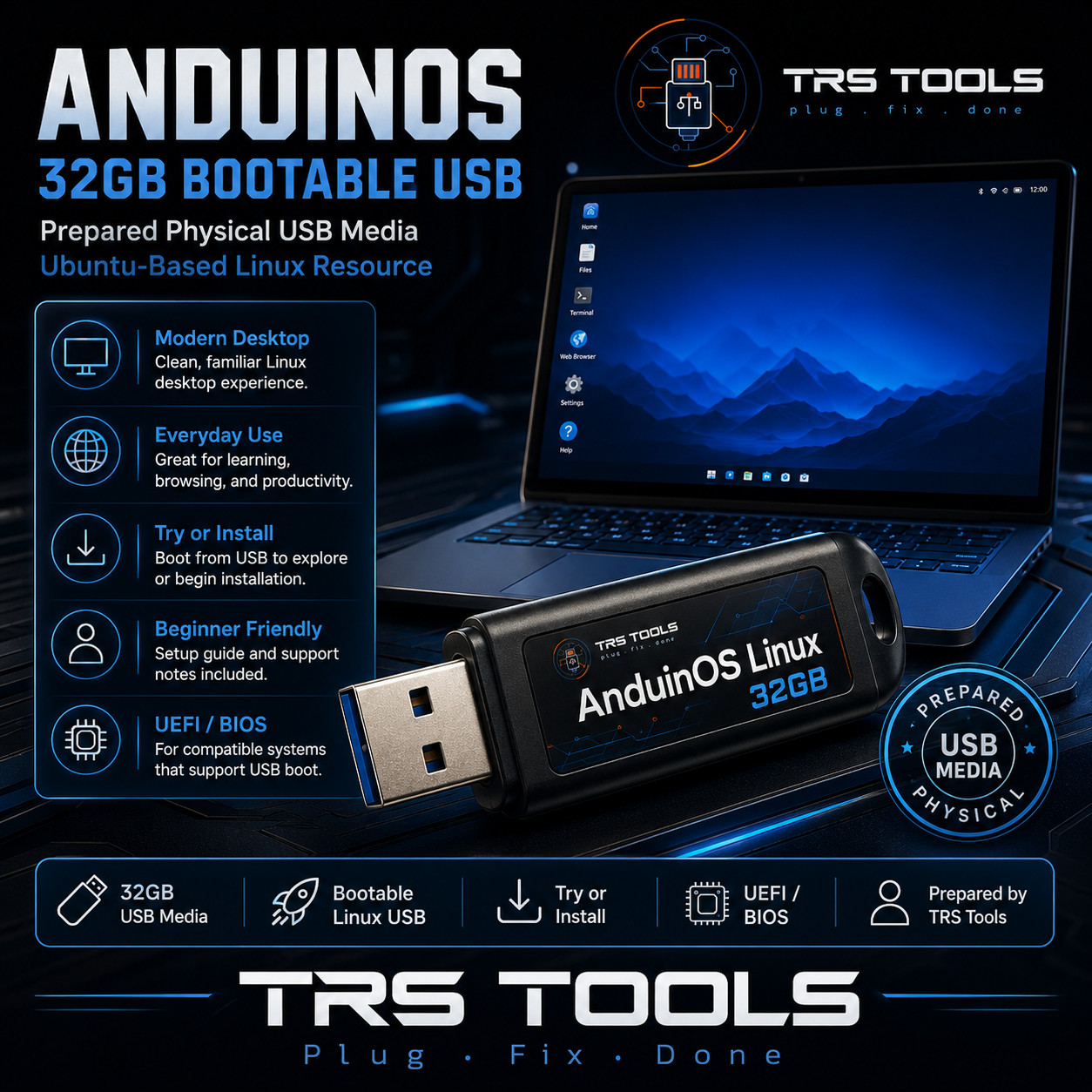AnduinOS Linux Bootable USB 32GB Prepared Physical Media
