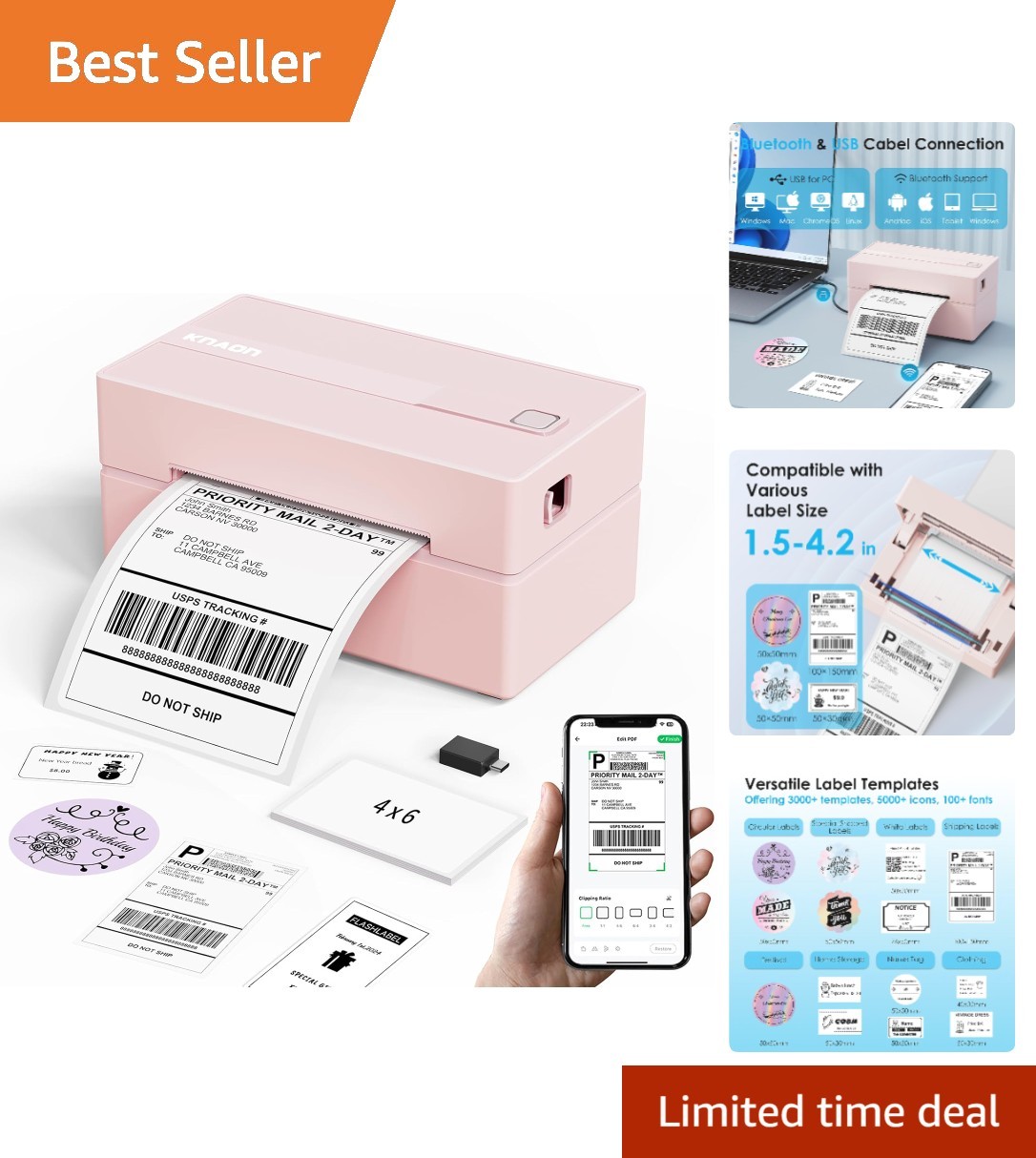 High-Speed Bluetooth Thermal Printer in Pink – Compatible with iPhone & Android