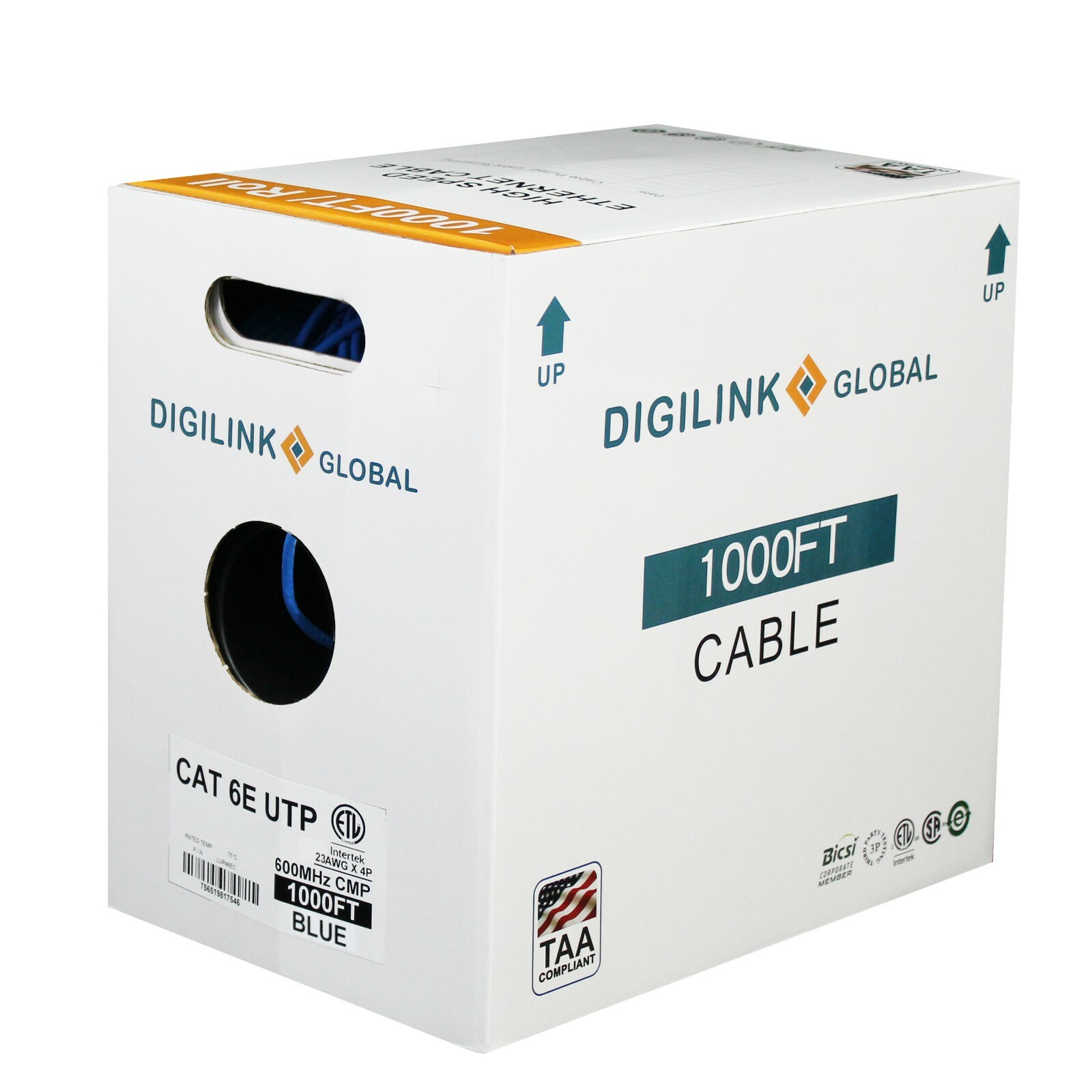 Cat6e Plenum CMP, UTP 23AWG, Solid PURE Copper, 600MHz, ETL CERTIFIED, 1000FT