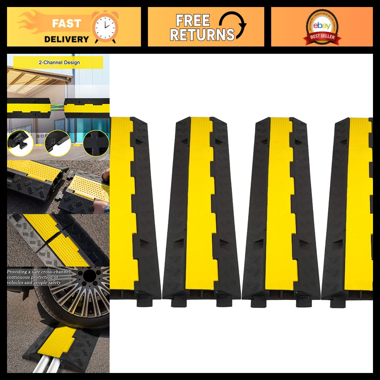 2 Channel Cable Ramp 4 Pack - 11000lbs Capacity Floor Protector, Black & Yellow