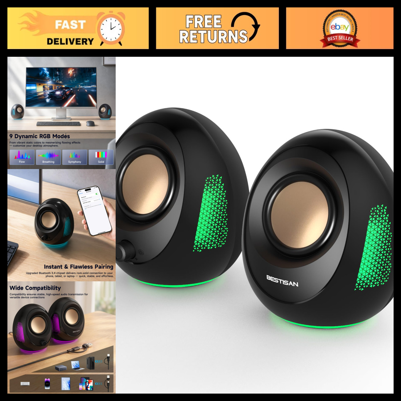 Powerful Bluetooth 5.4 Computer Speakers, 20W, USB & USB-C, RGB Lights, Enhanced