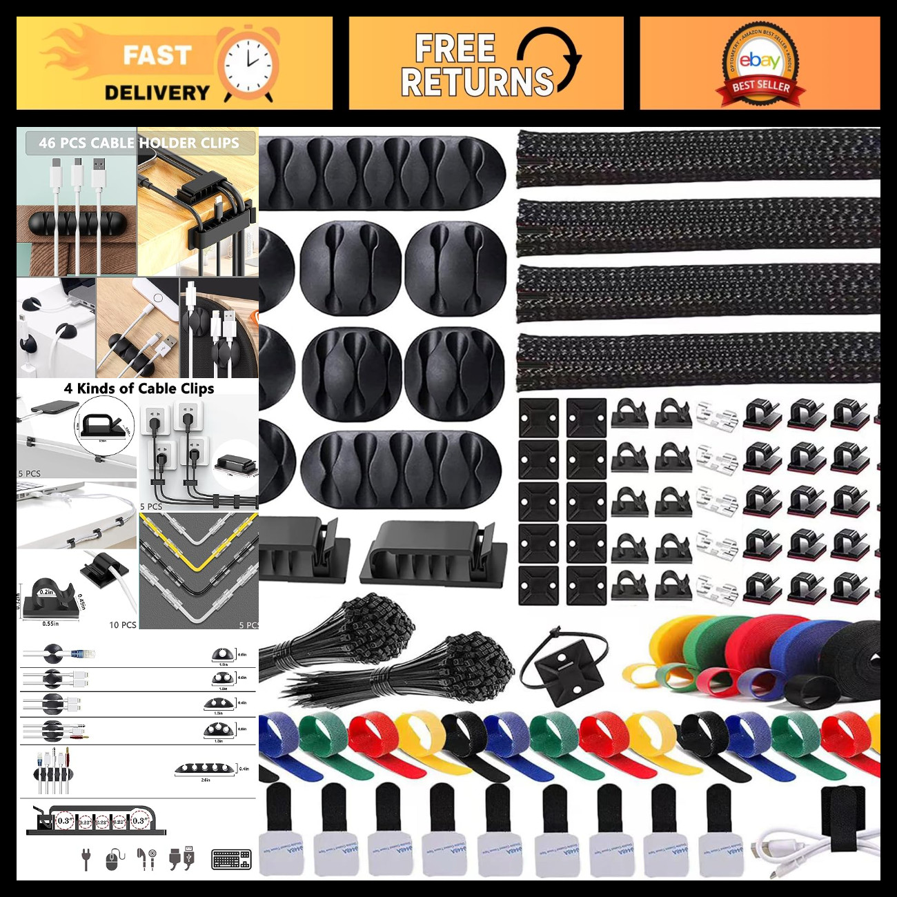 300PCS Cable Management Kit - 4 Cable Sleeves & 35 Cable Clips for Organizing Wi