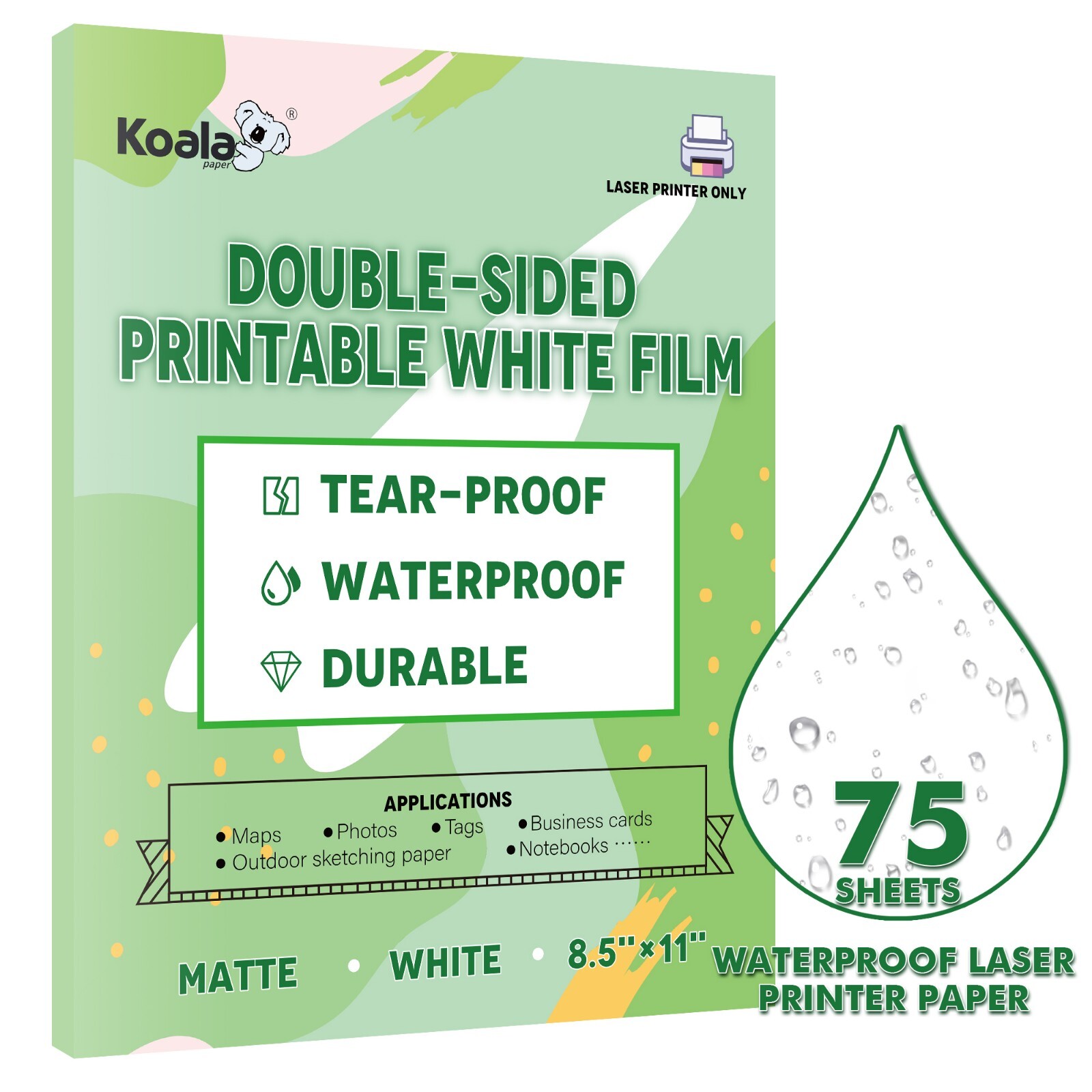 75PK Koala Double-sided Waterproof Printer Paper Laser Matte Outdoor Use 8.5x11
