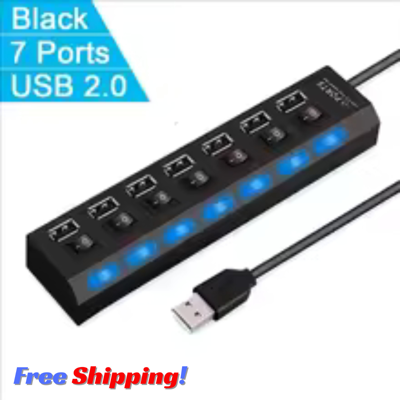 7 Port USB 2.0 Hub Splitter Adapter High Speed For PC Laptop Mac Desktop